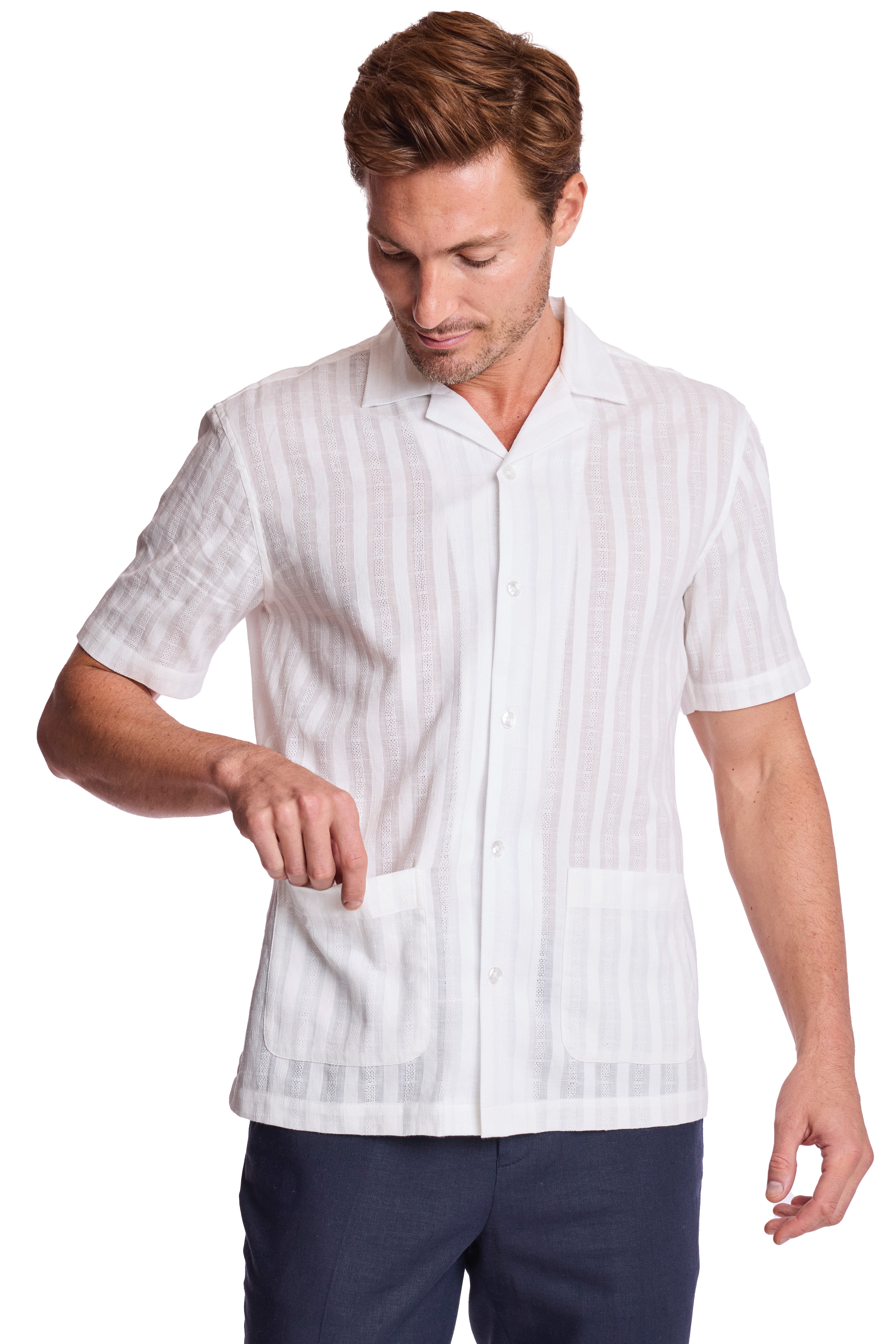 Camp Collar 2 Pkt Shirt - White Dobby Stripes