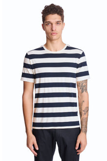  Crew Neck T-Shirt - Navy White Wide Stripes
