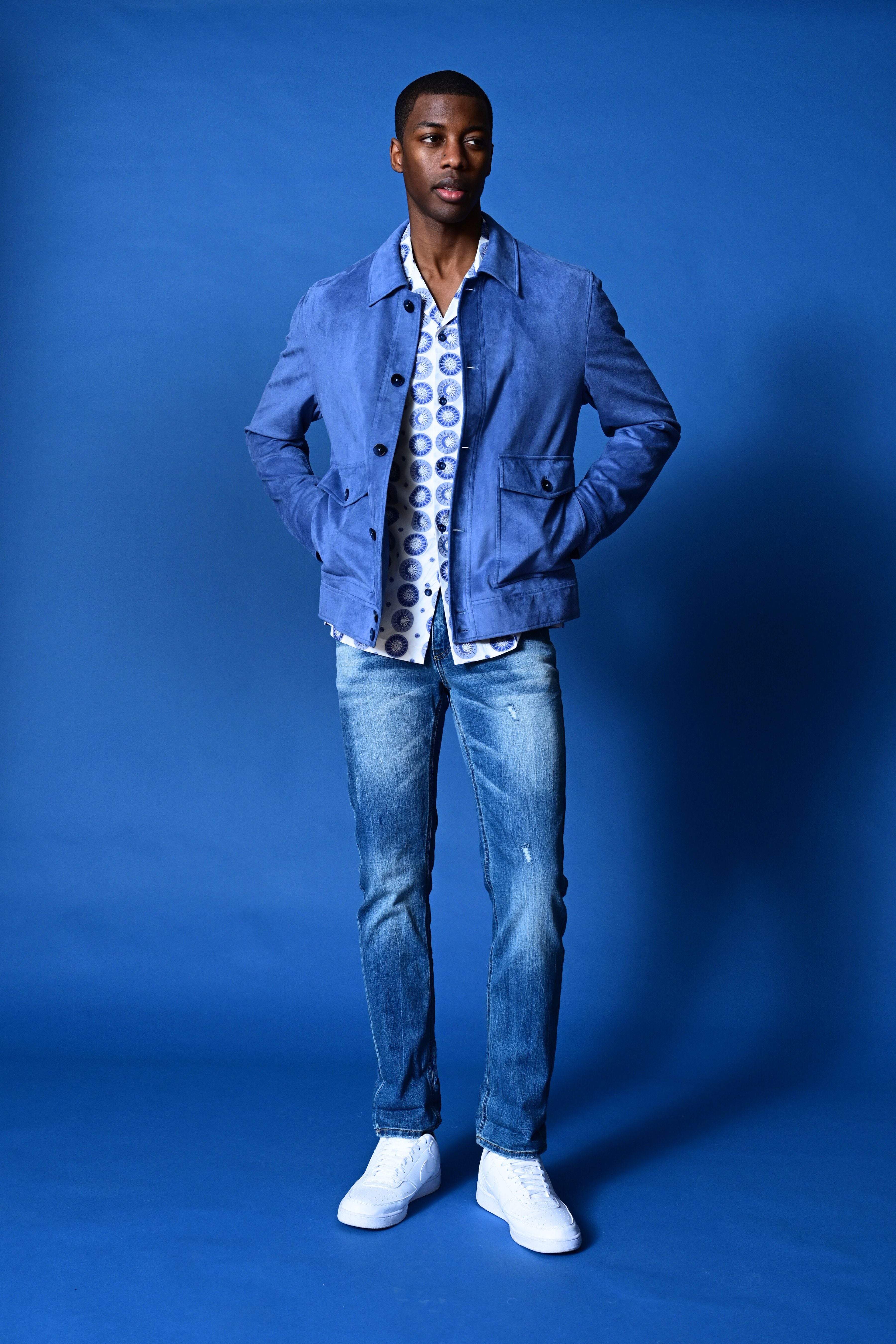 Milo Buttoned Bomber Jacket  - slim - Soft Blue Micro Suede