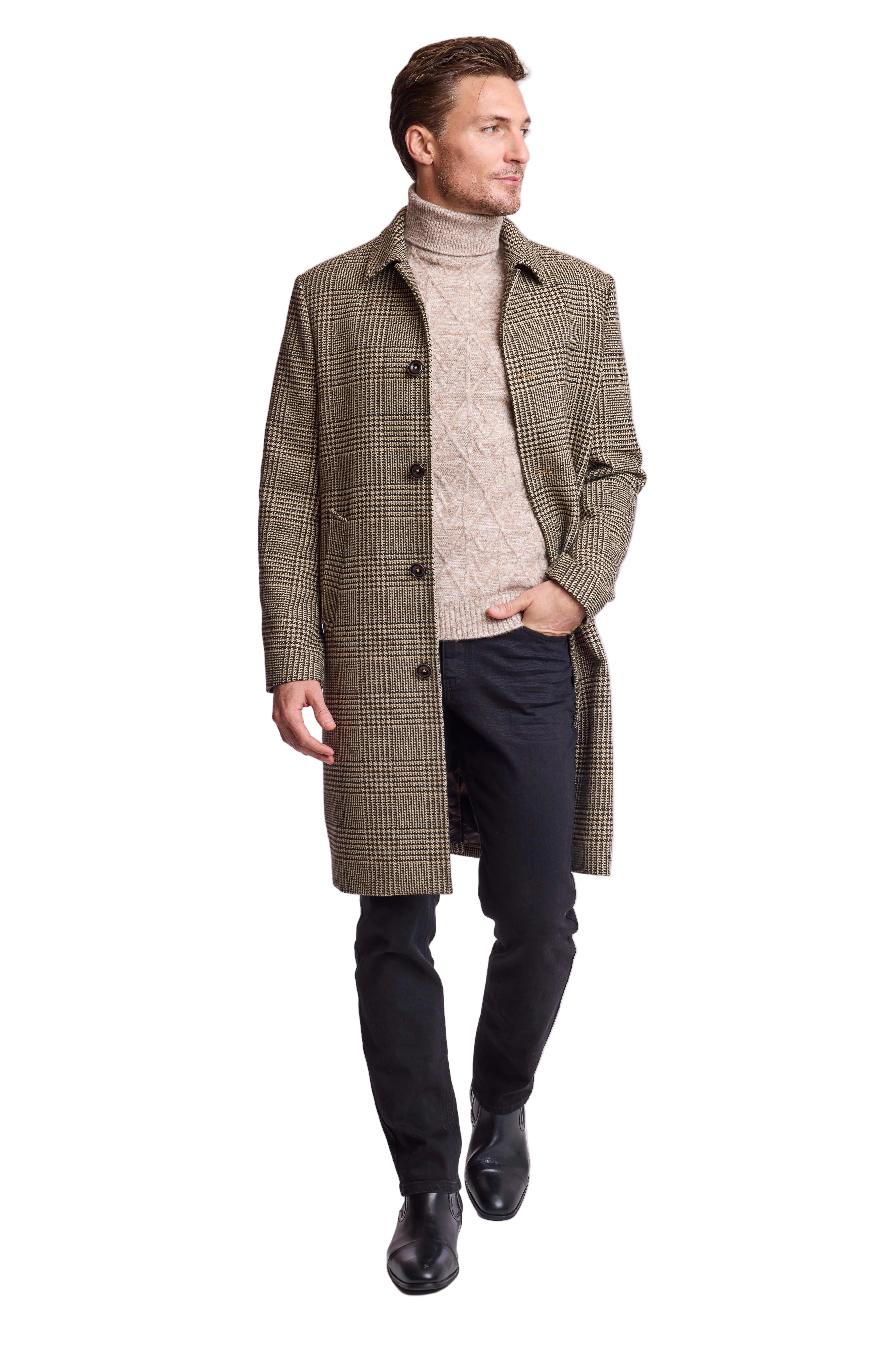 Slash Pocket Overcoat - slim - Blk Tan Olive Hounds