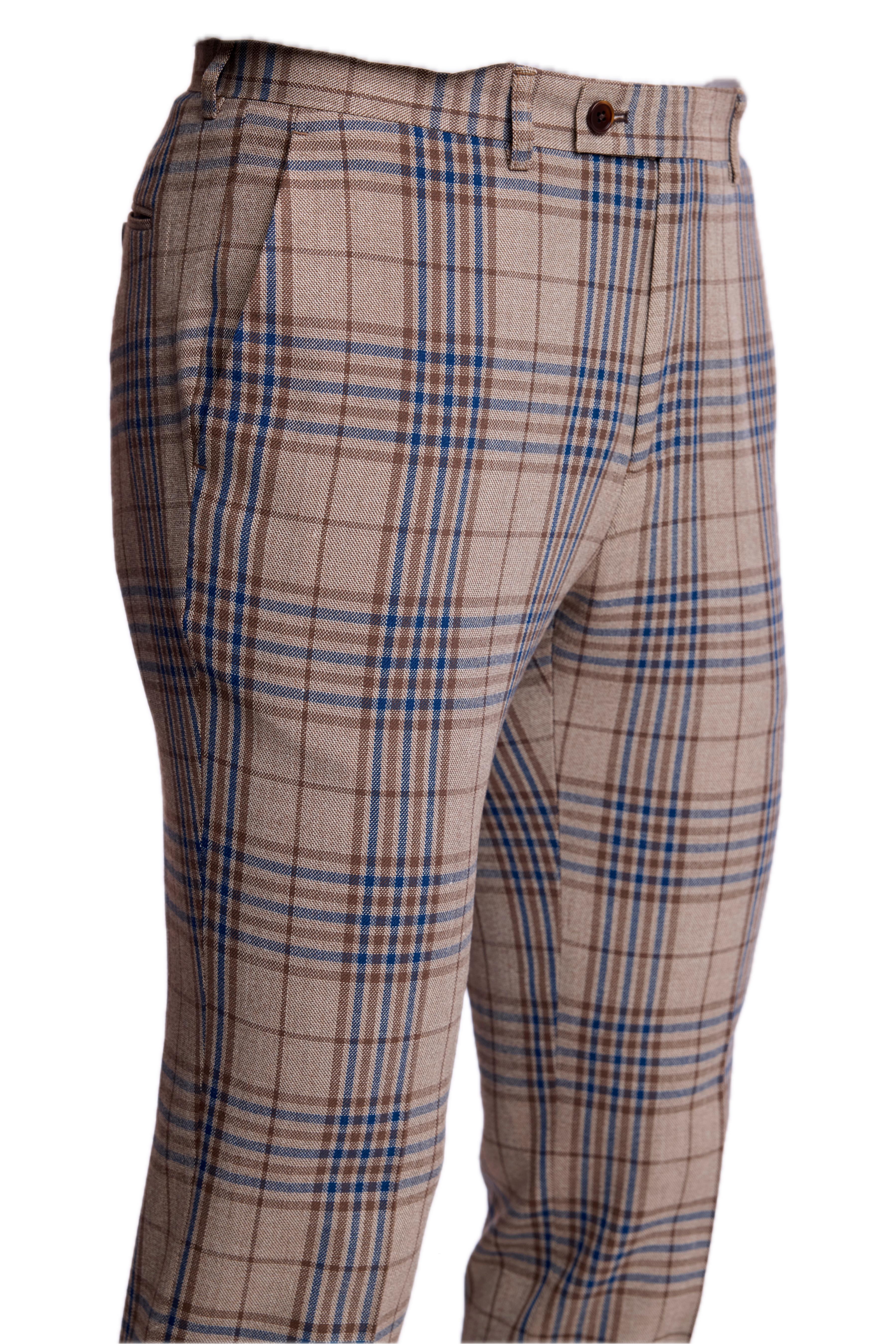 Downing Pants - slim - Tan Navy Brown Check