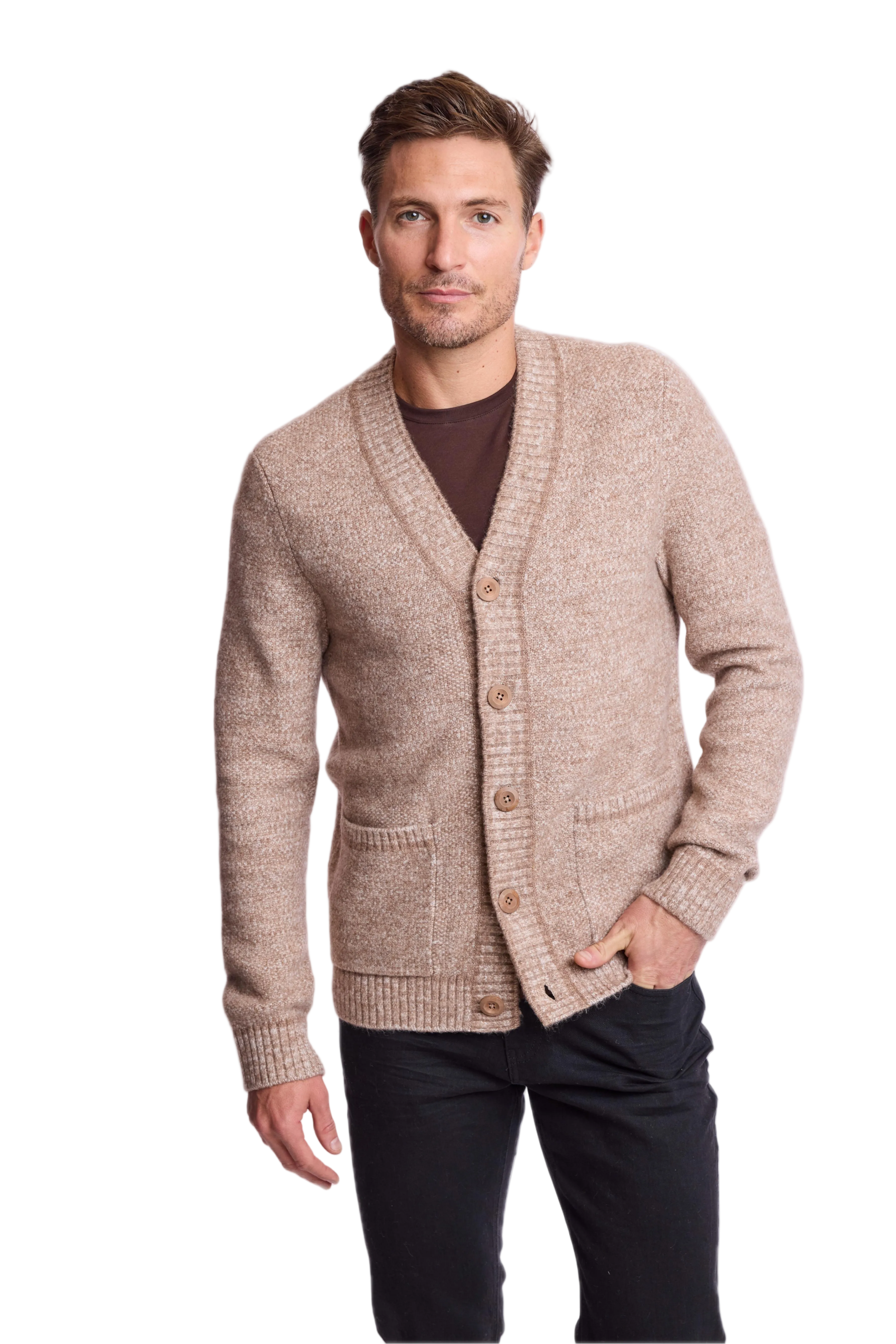 Deep V Cardigan - Beige Tan Marled