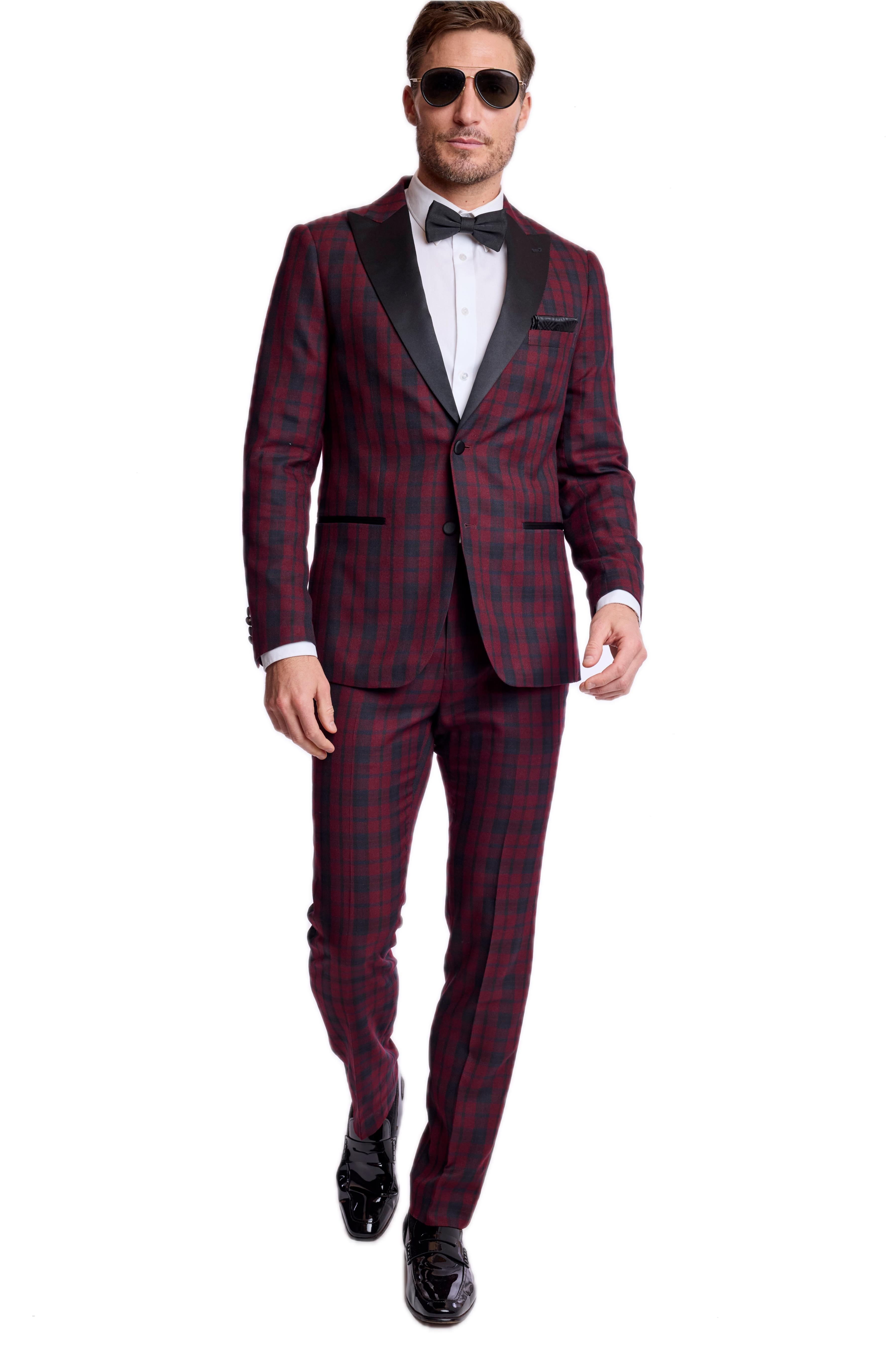 Kyle Big Peak Tux Jacket - slim - Burgundy Black Tartan