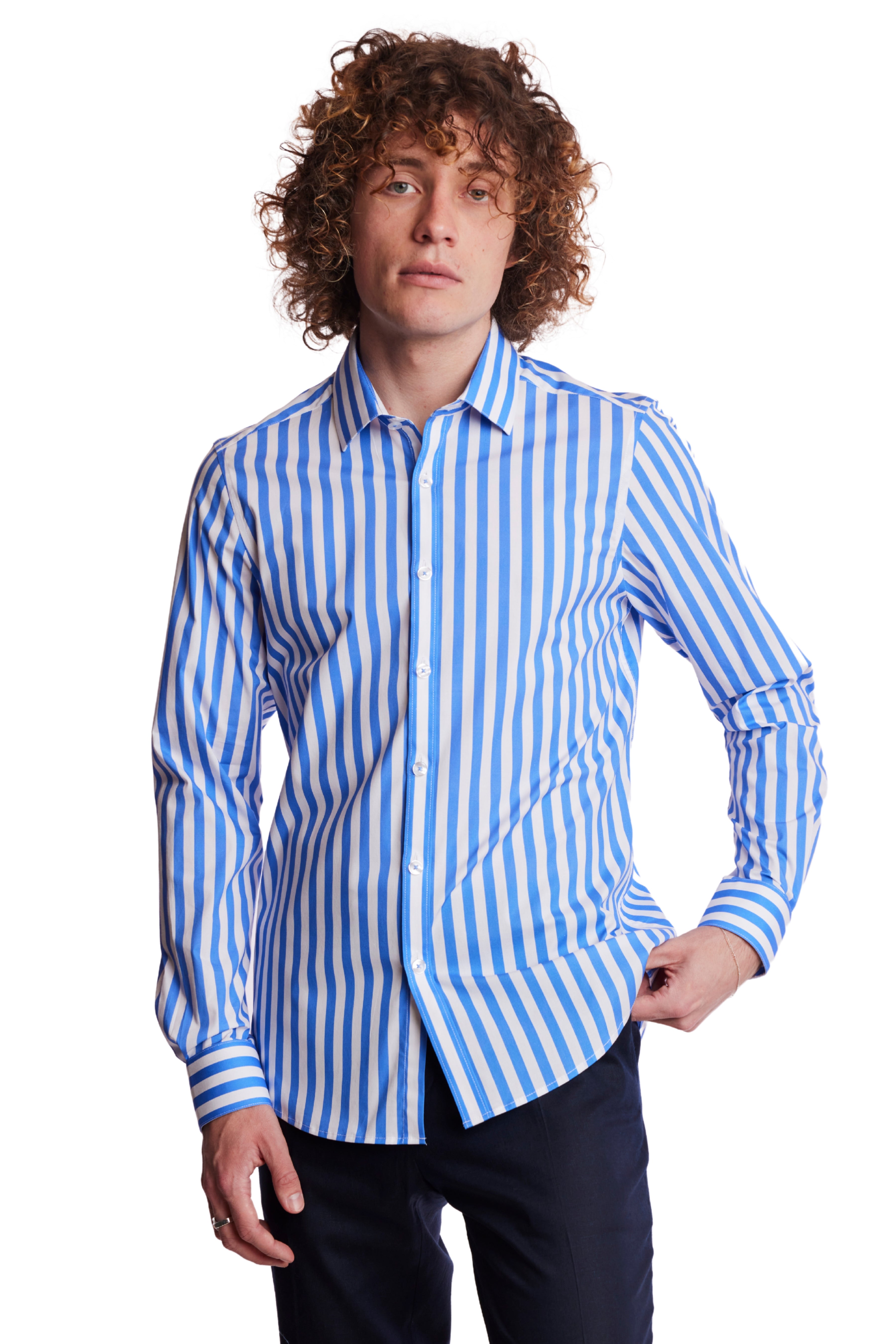 Samuel Spread Collar Shirt - Blue & White Wide Stripes