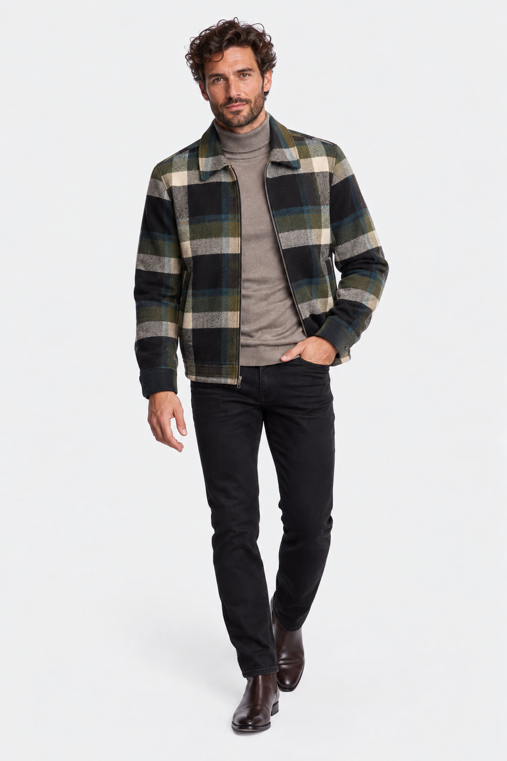 Mechanics Zip Up Jacket - Khaki Buffalo Plaid