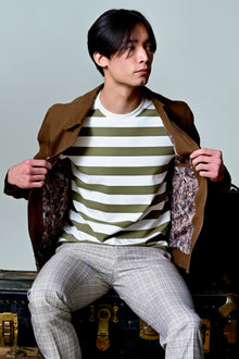 Crew Neck T - Olive and White Wide Stripes