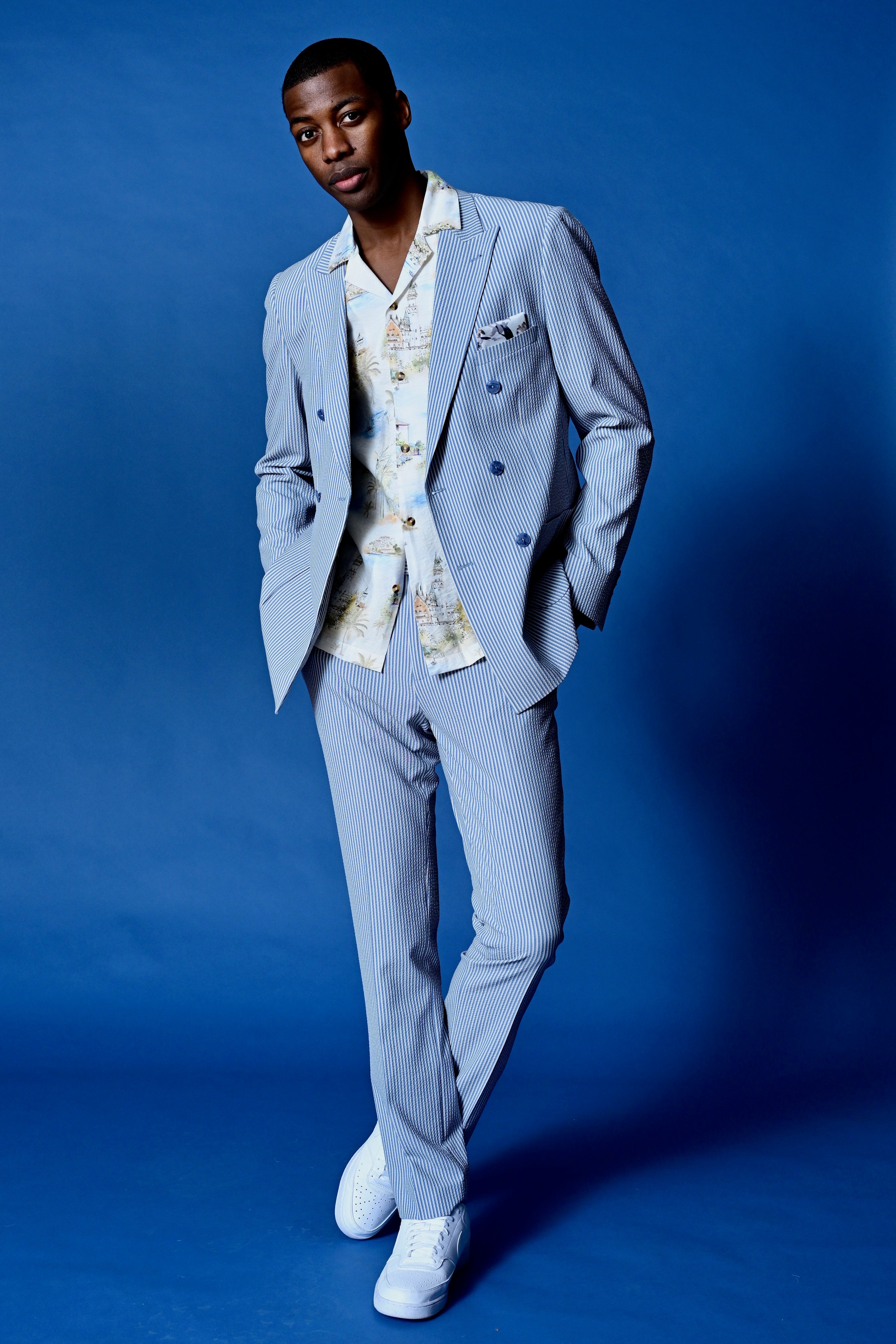 Downing Pants - slim - Blue Grey Cream Seersucker