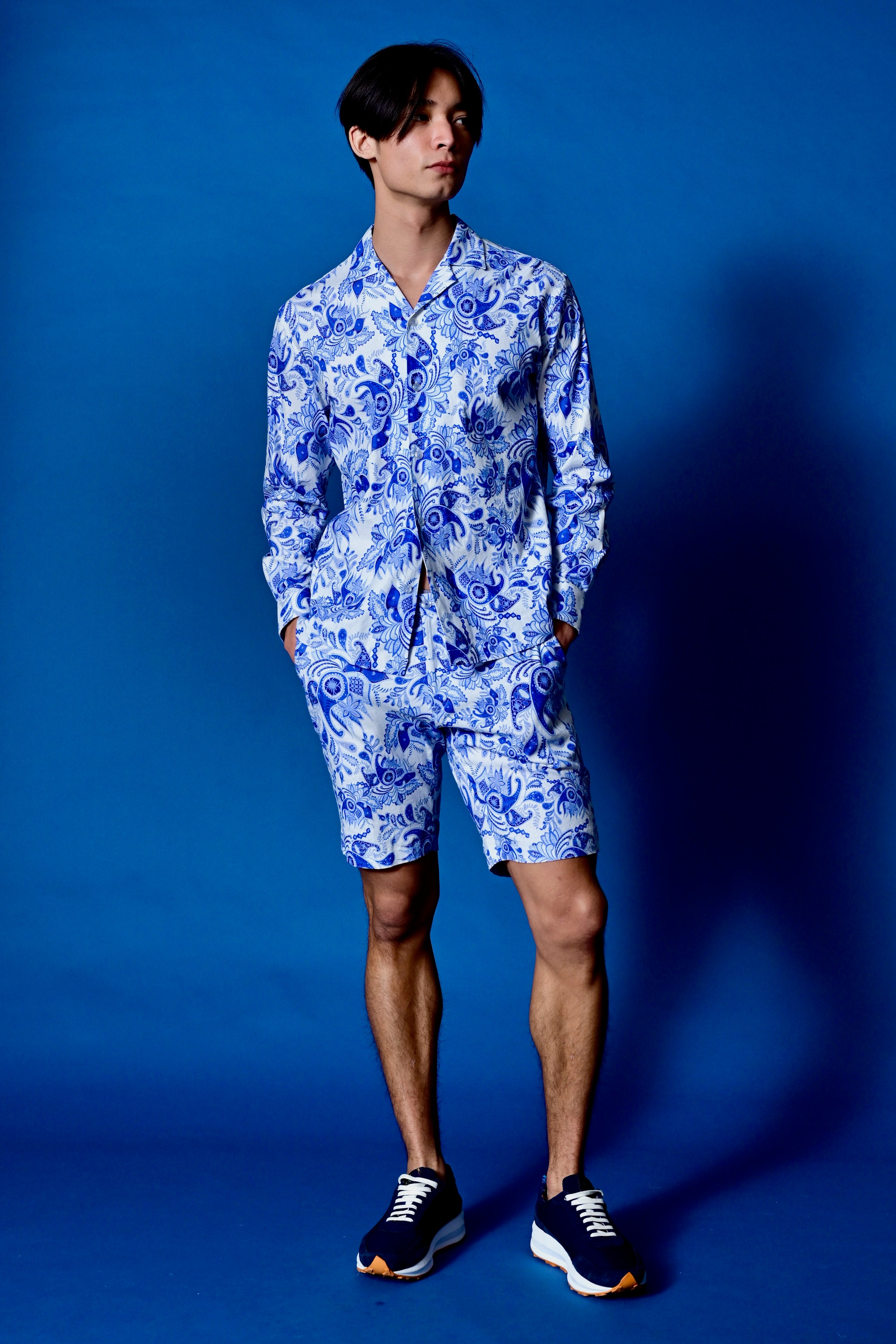 L/S Camp Collar Shirt - Indigo White Paisley
