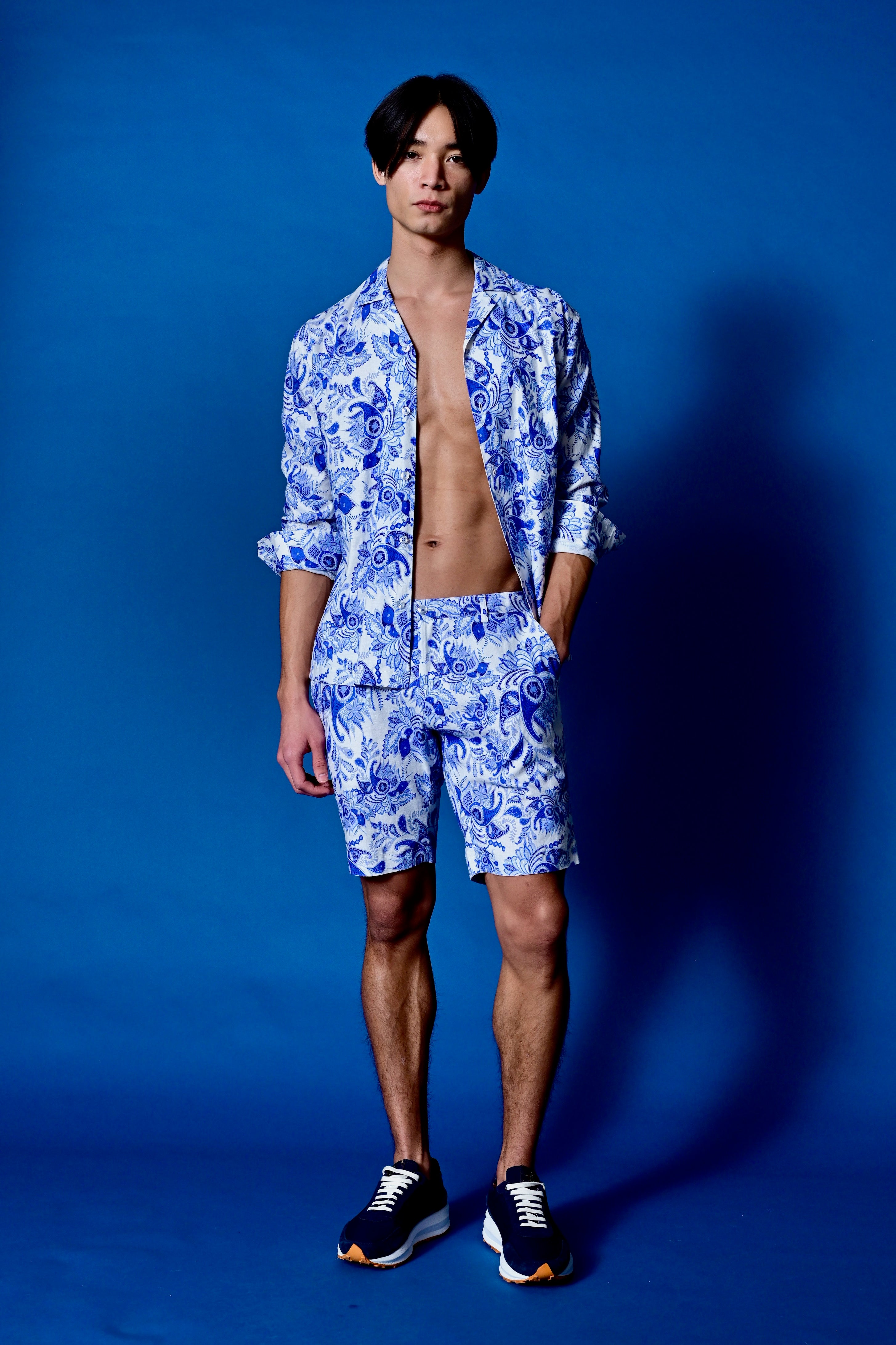 L/S Camp Collar Shirt - Indigo White Paisley