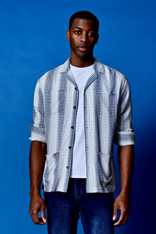  L/S Camp Collar 4 Pkt Shirt - Navy White Diamond Stripes