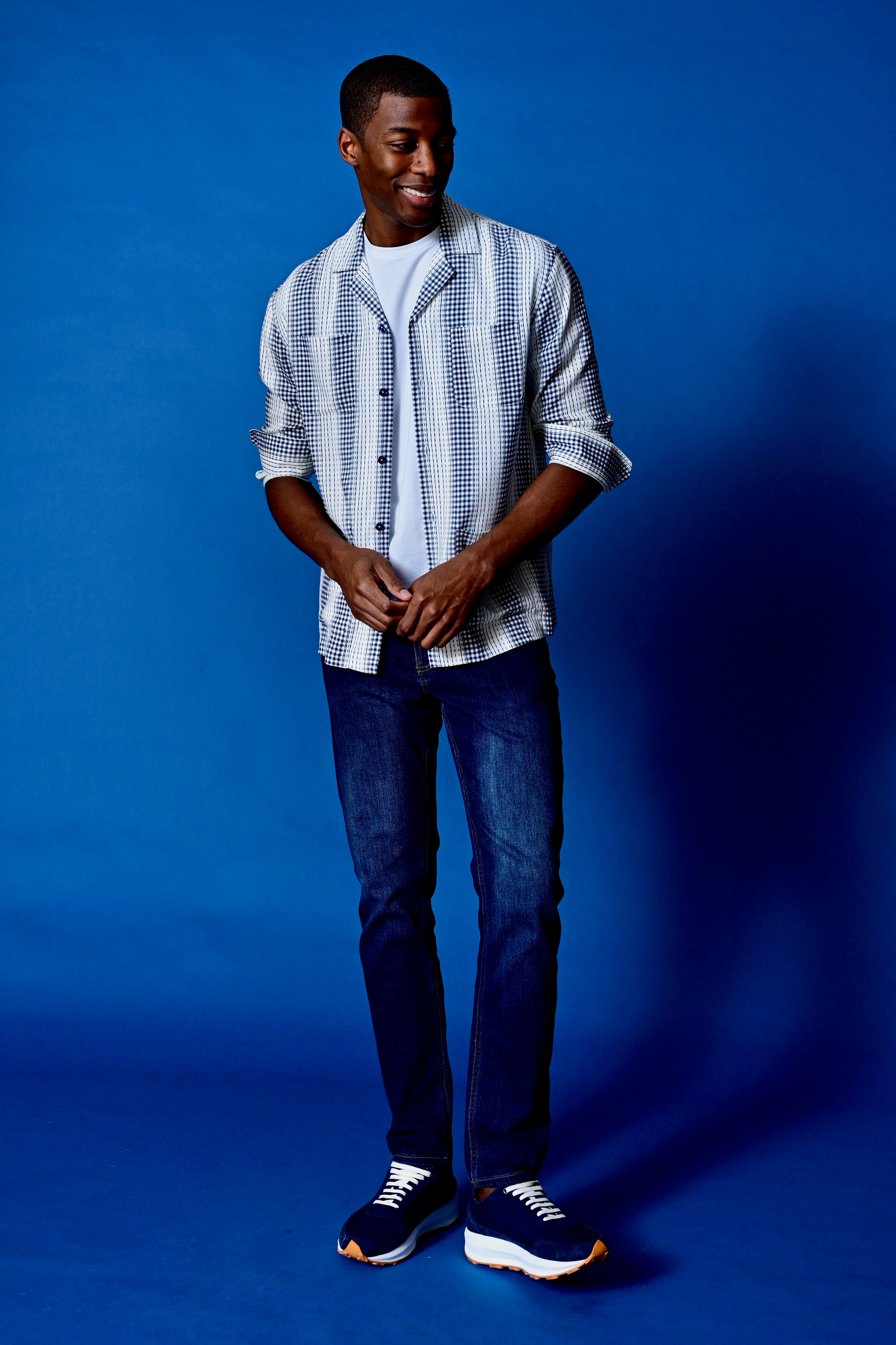 L/S Camp Collar 4 Pkt Shirt - Navy White Diamond Stripes