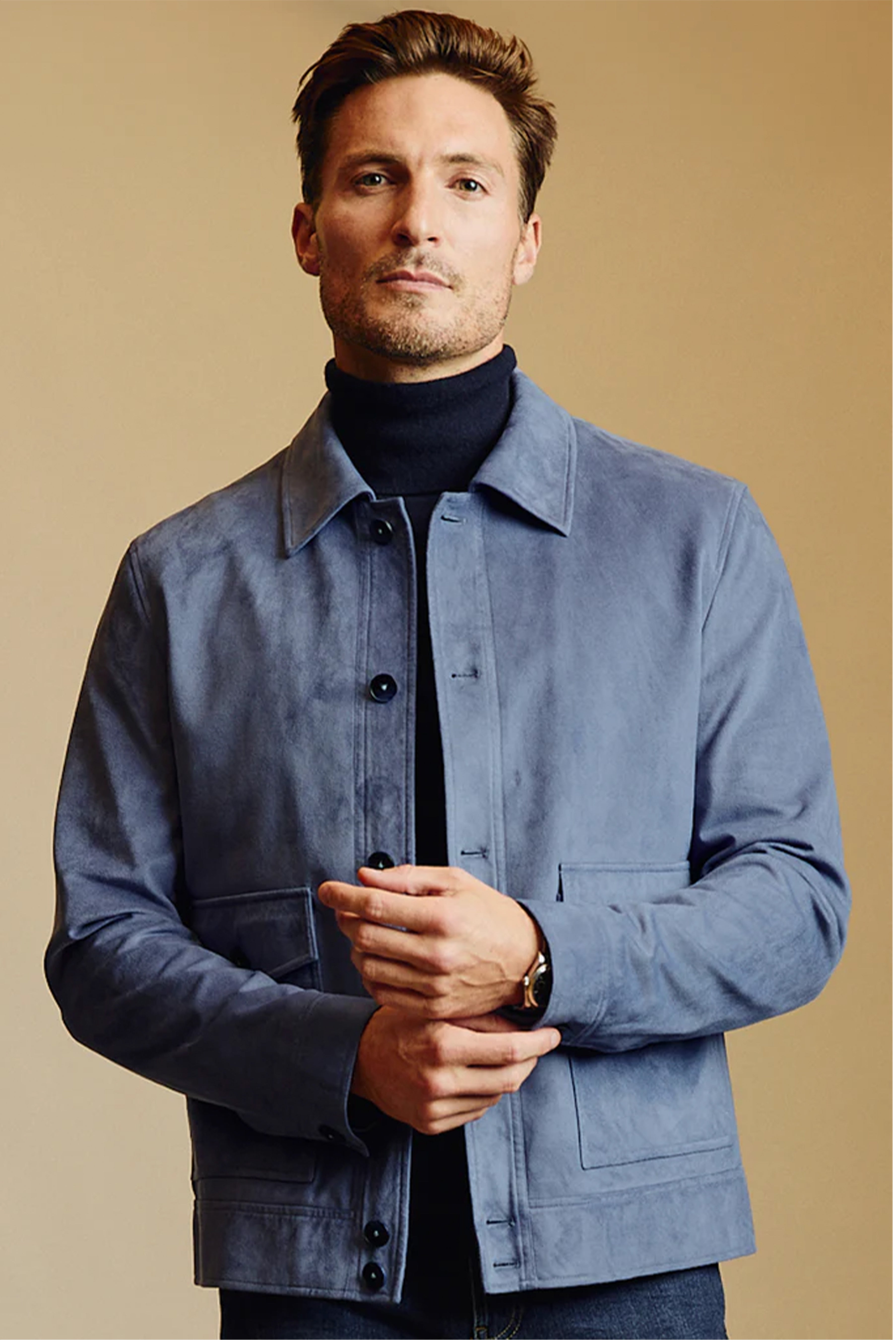 Milo Buttoned Bomber Jacket  - slim - Soft Blue Micro Suede