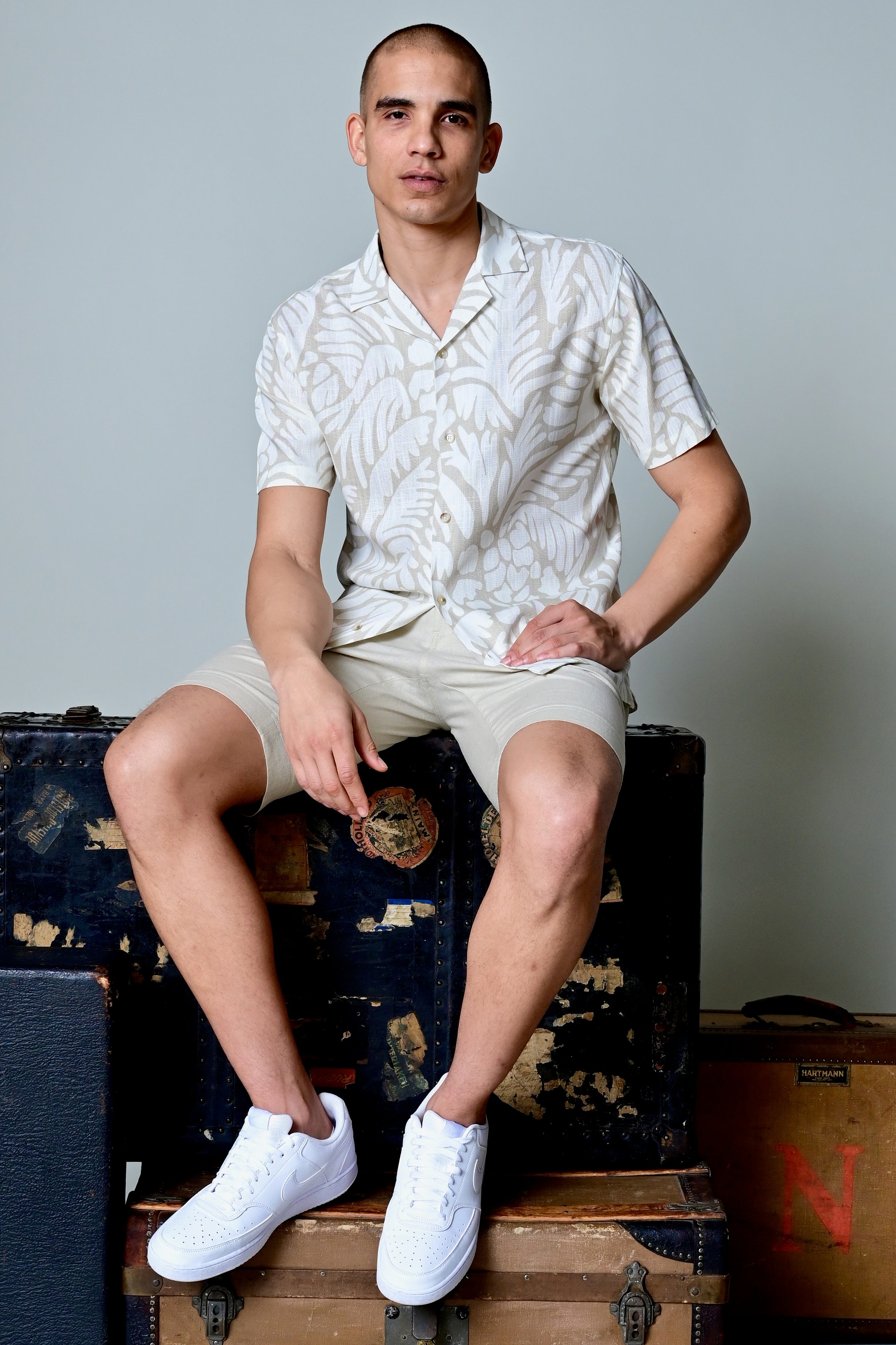 S/S Camp Collar Shirt - Tan & Cream
