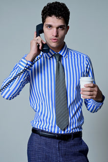  Samuel Spread Collar Shirt - Blue & White Wide Stripes