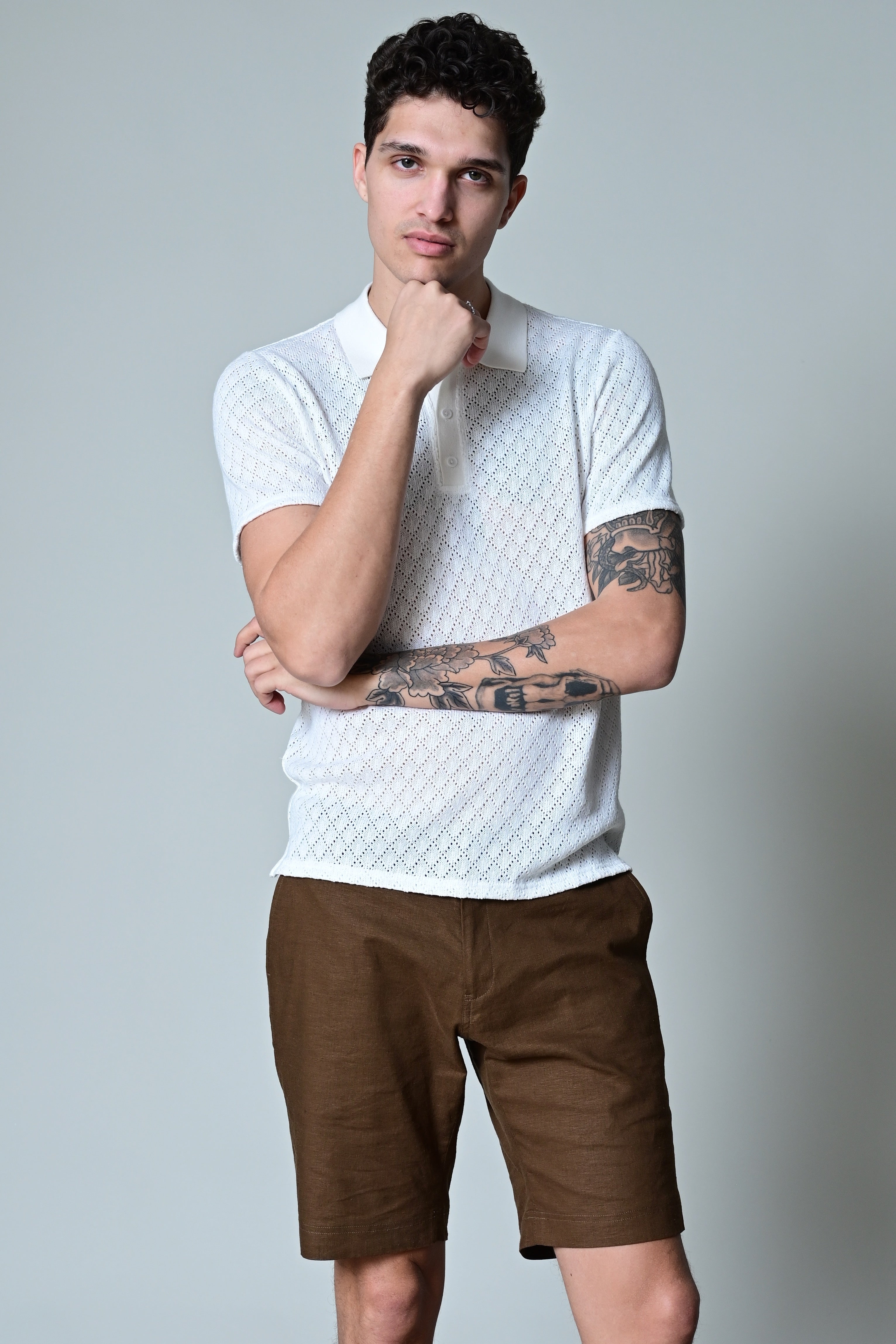 3 Button Knitted Polo - White Diamond