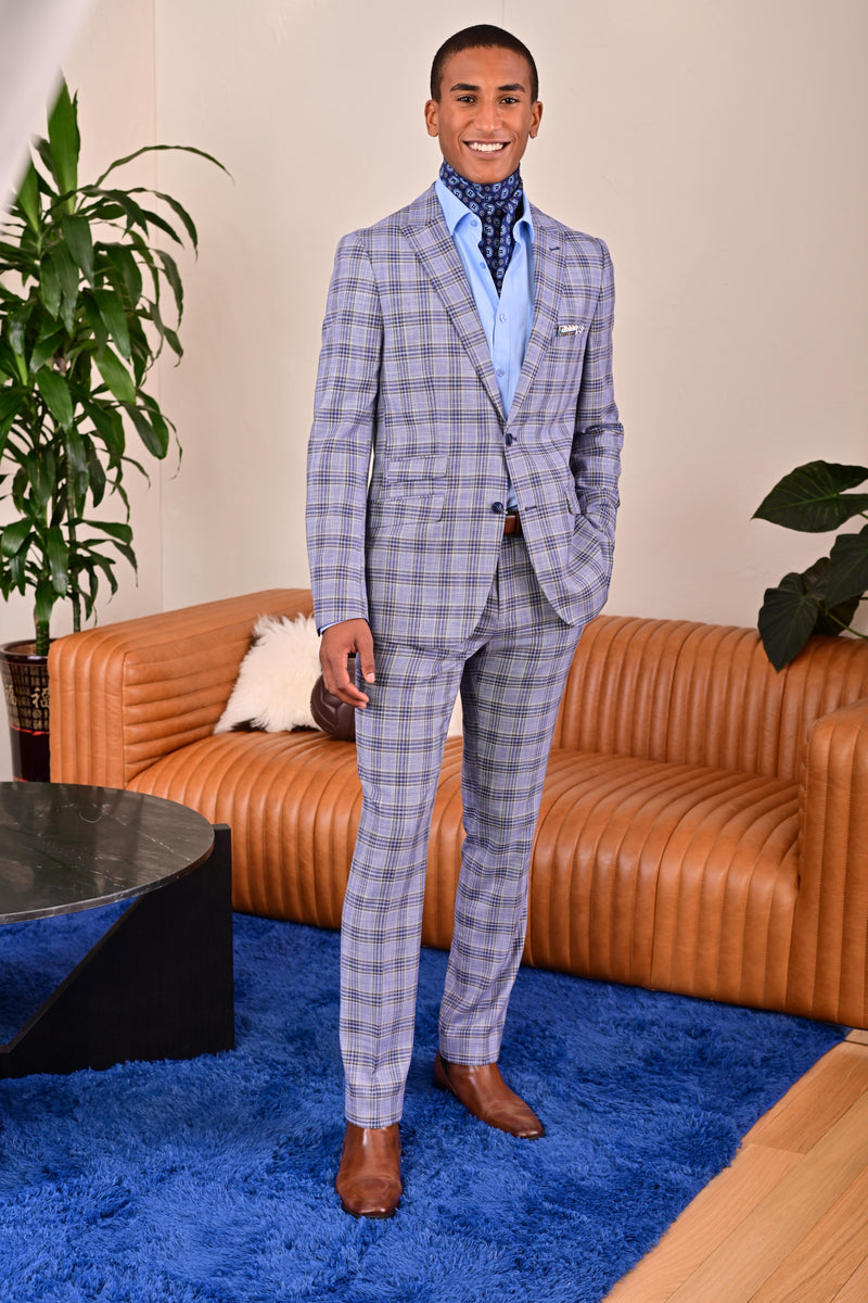 Downing Pants slim Blue Tan Check Paisley & Gray