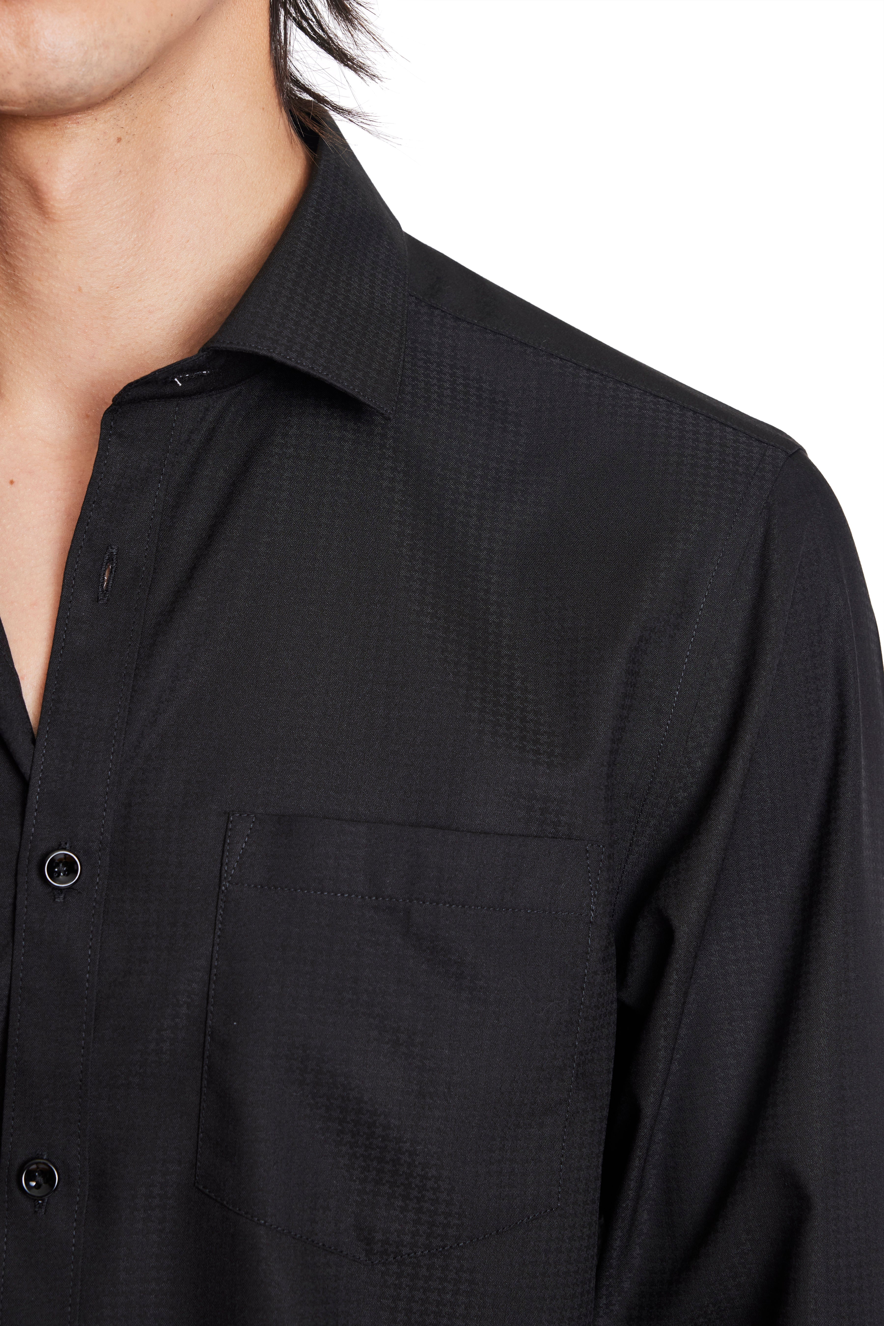 Samuel Spread Collar Shirt - Black Houndstooth Jacquard