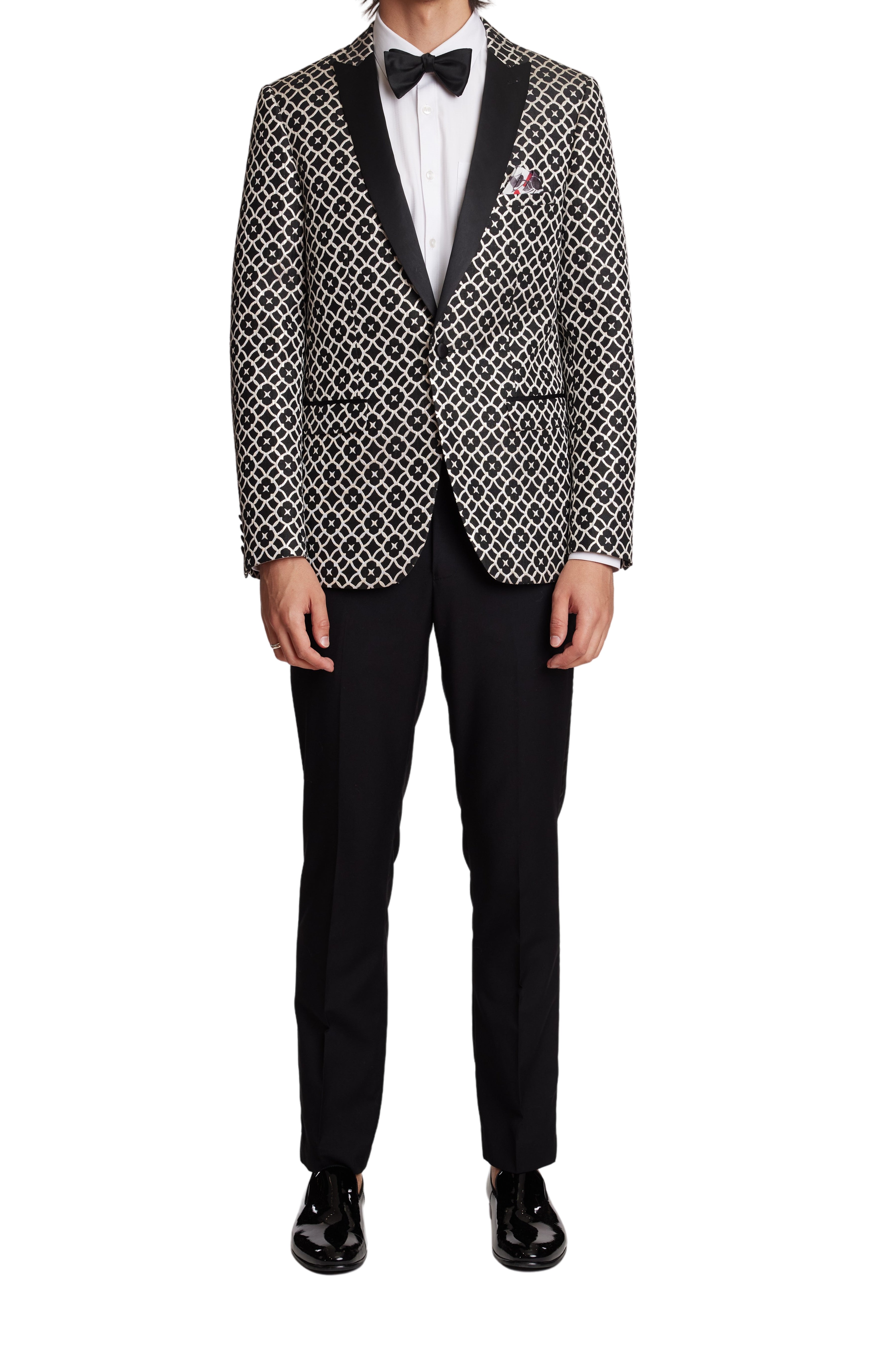Grosvenor Peak Tux Jacket slim Blk Silver Floral Jacquard