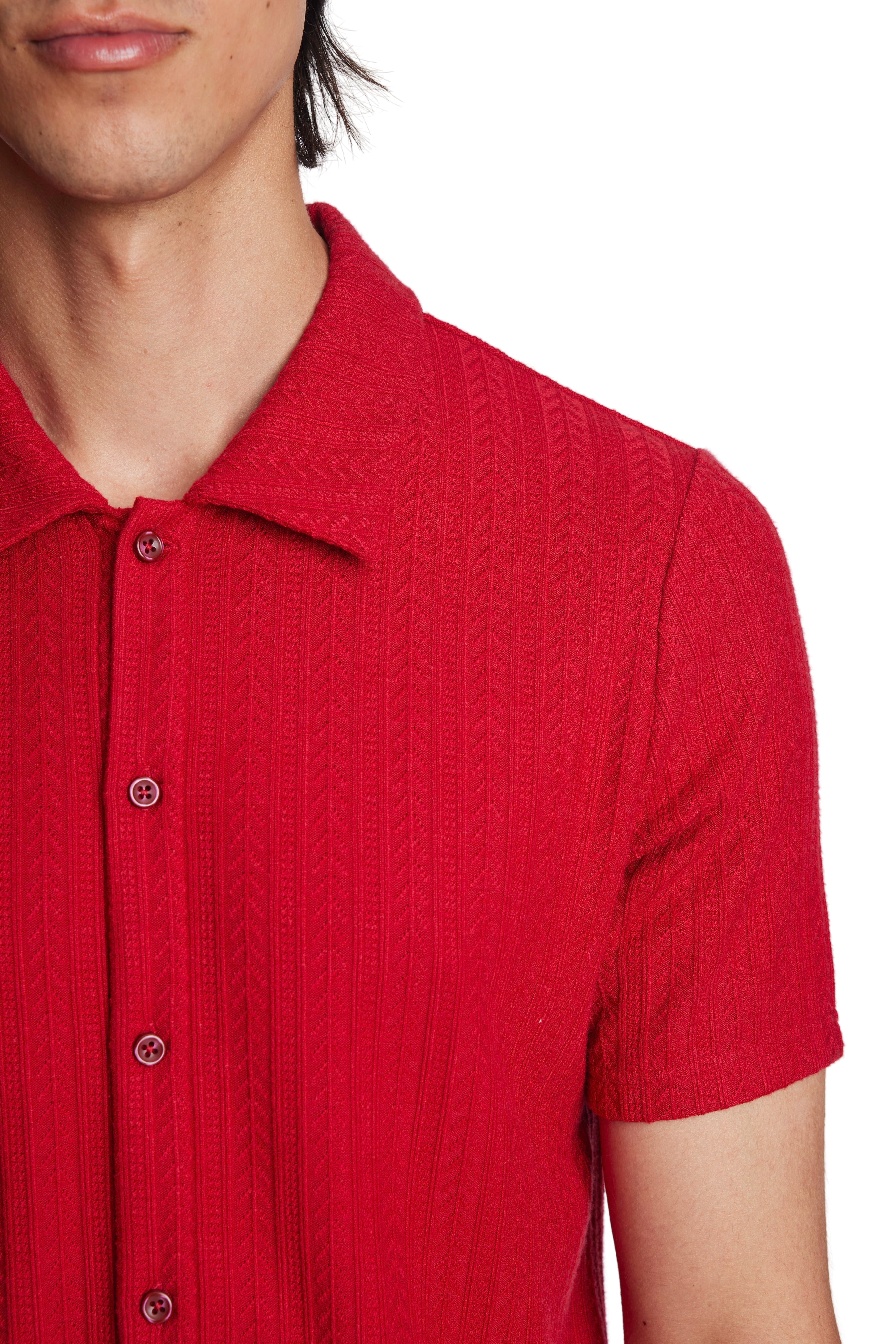 Full Placket Pointelle Polo - Cherry Red