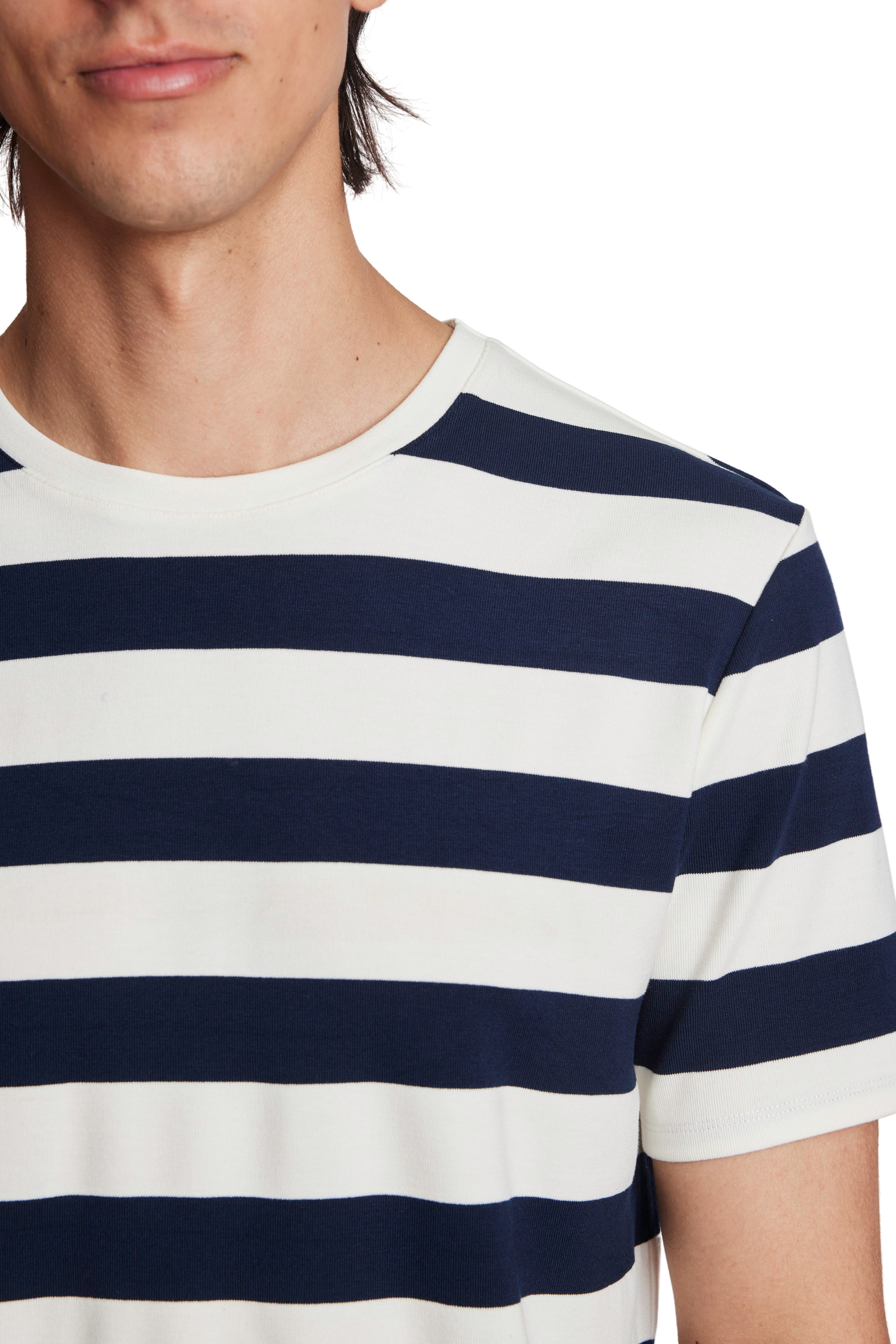 Crew Neck T-Shirt - Navy White Wide Stripes