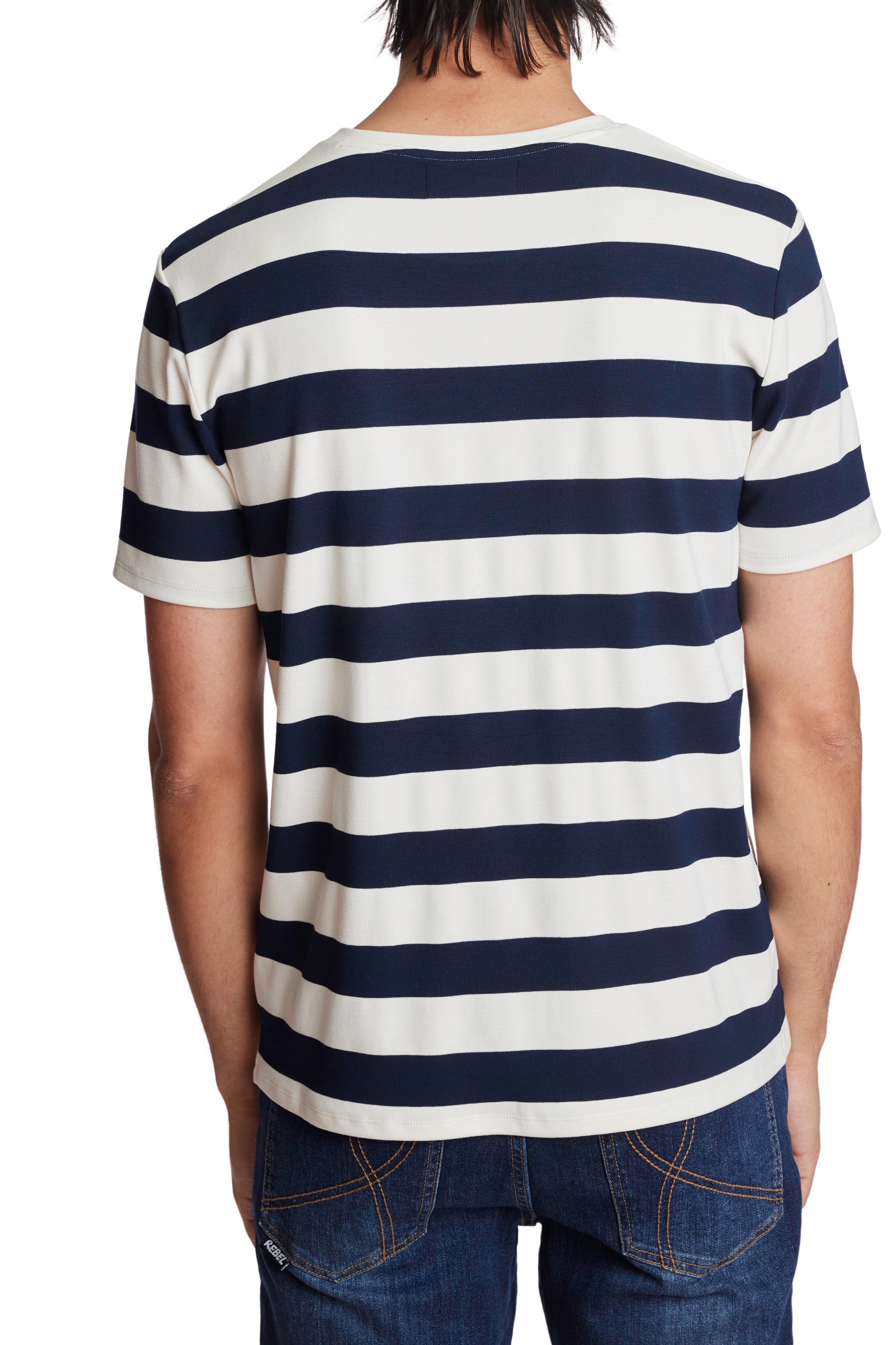 Crew Neck T-Shirt - Navy White Wide Stripes