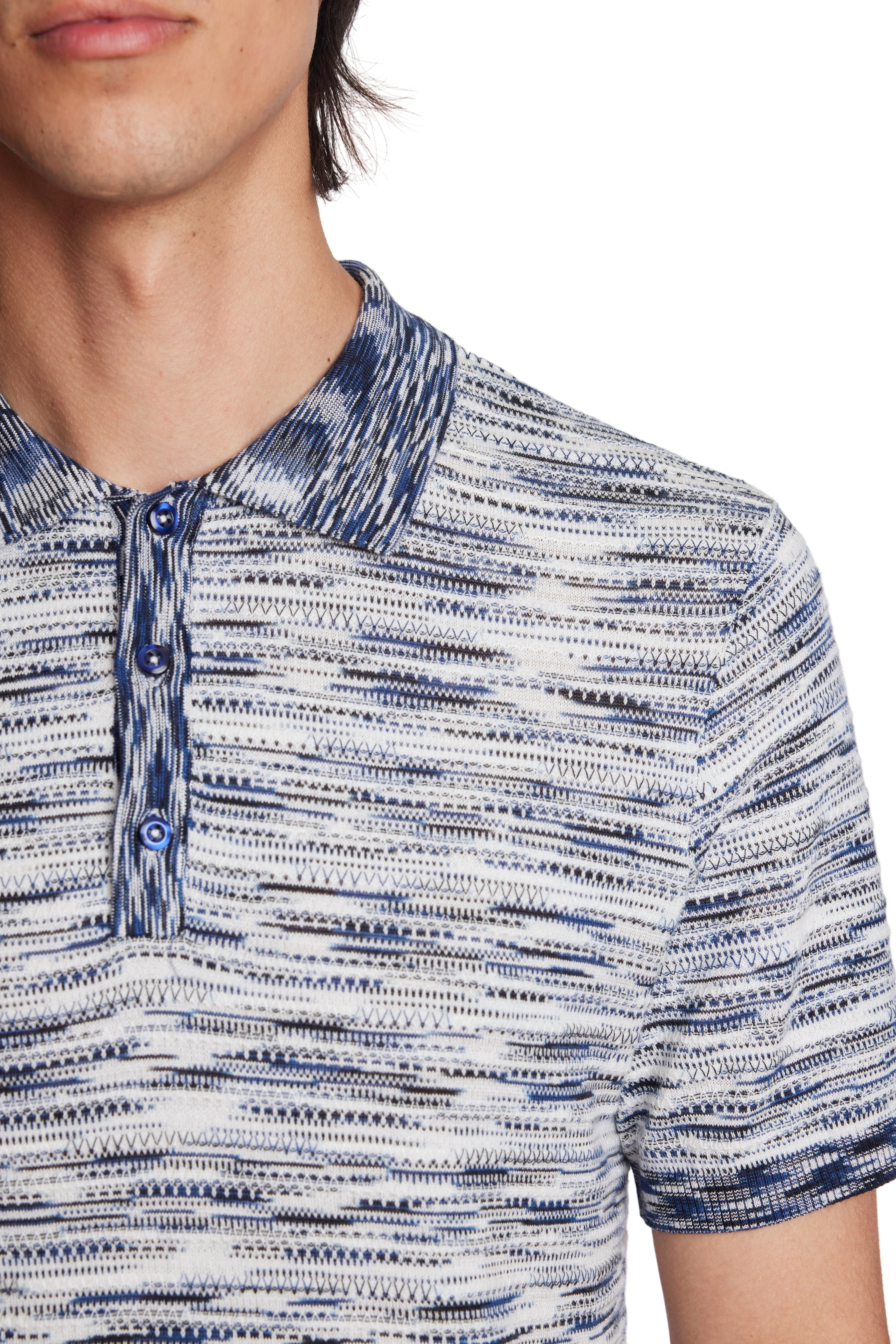 3 Button Knitted Polo - White Navy Blue Multi