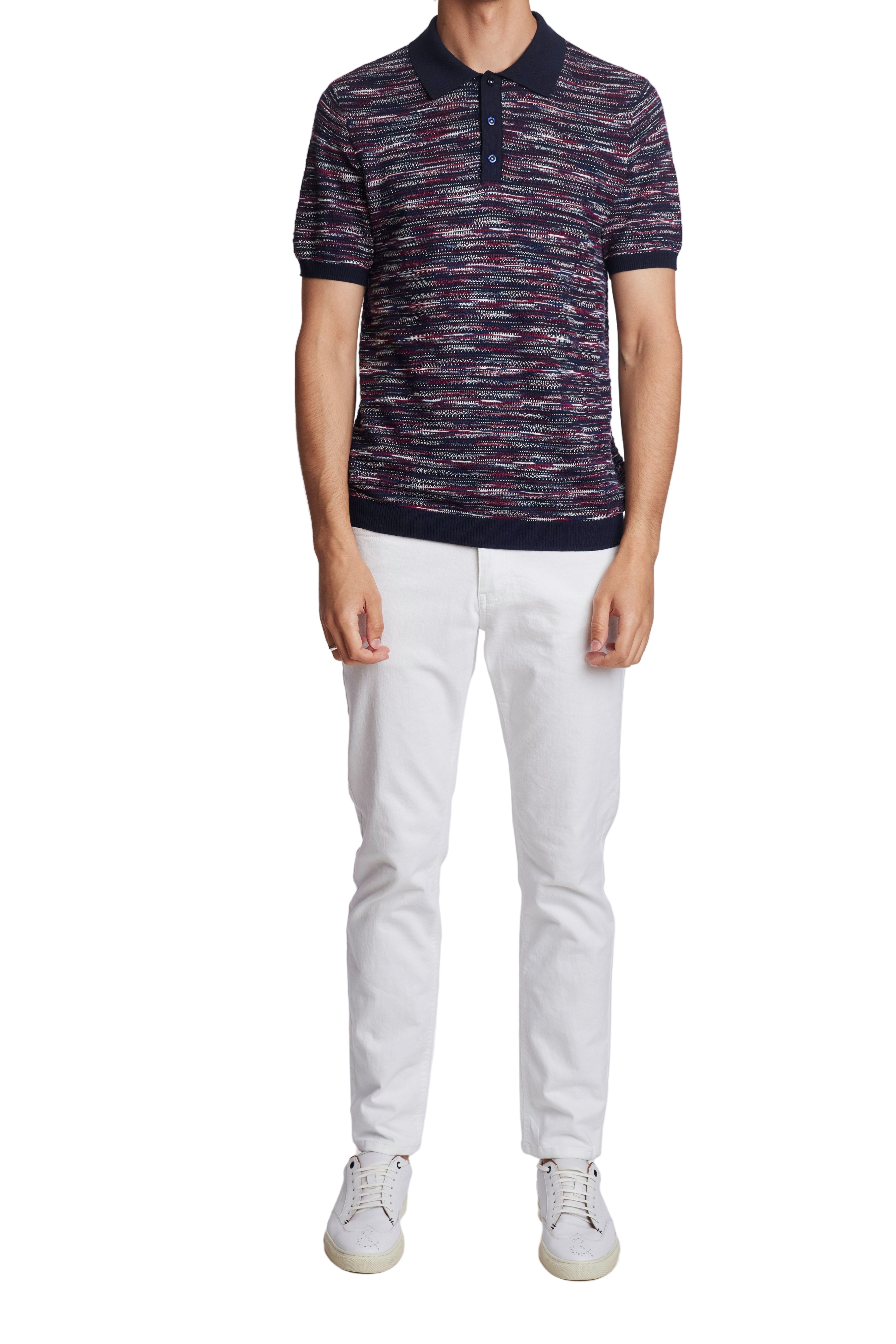 3 Button Knitted Polo - Red White Navy Multi