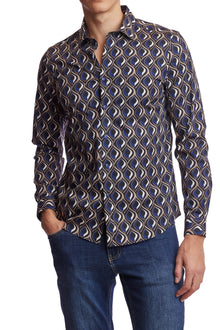  Samuel Spread Collar Shirt - Navy Blk Tan Geo