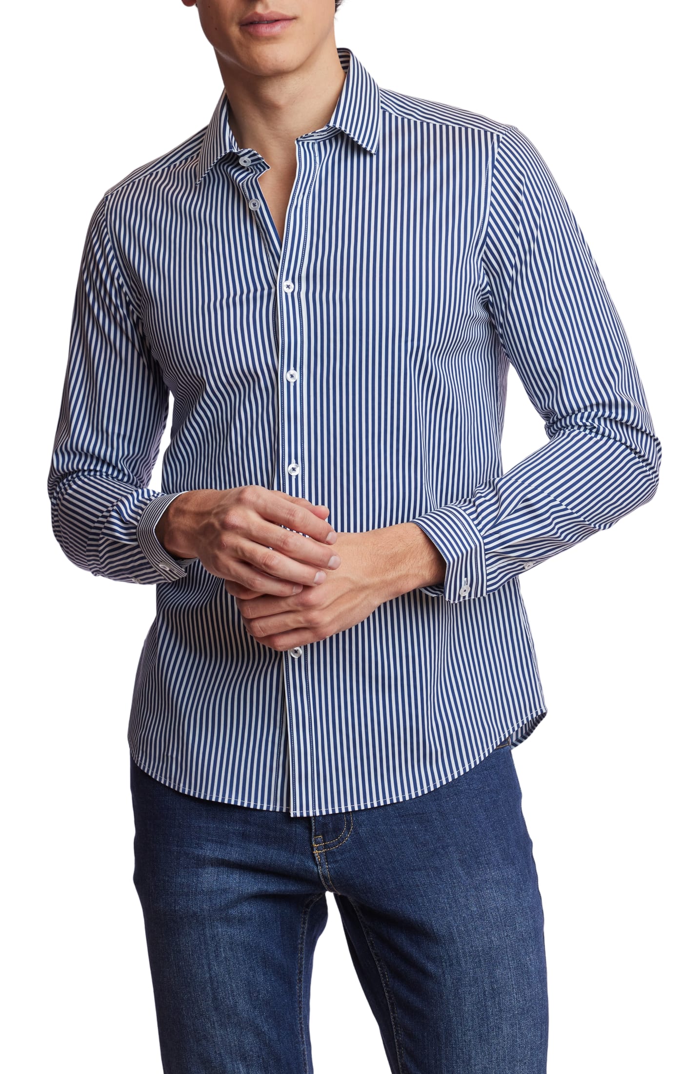 Samuel Spread Collar Shirt - Navy Stripe