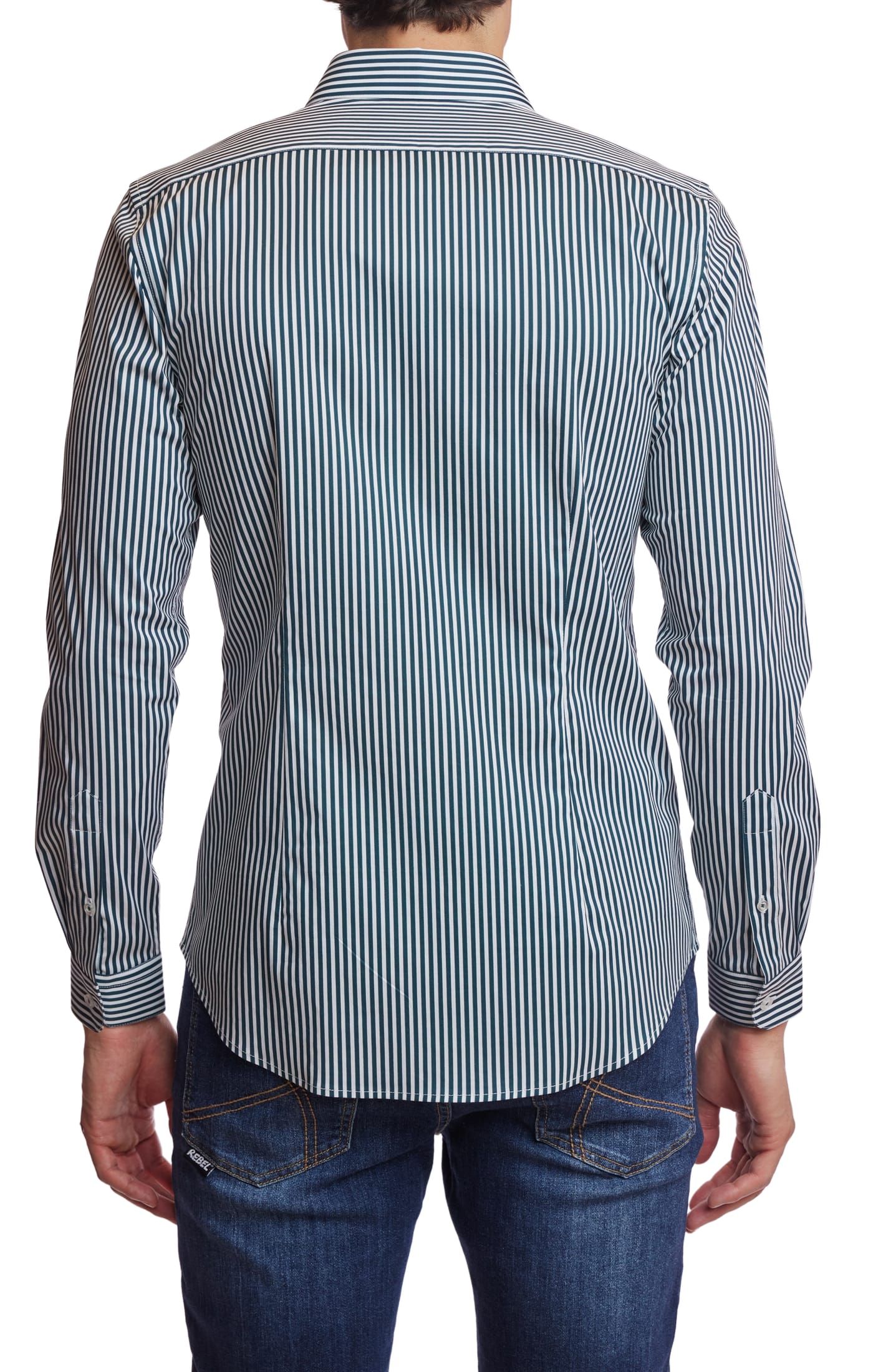 Samuel Spread Collar Shirt - Dark Green Stripe