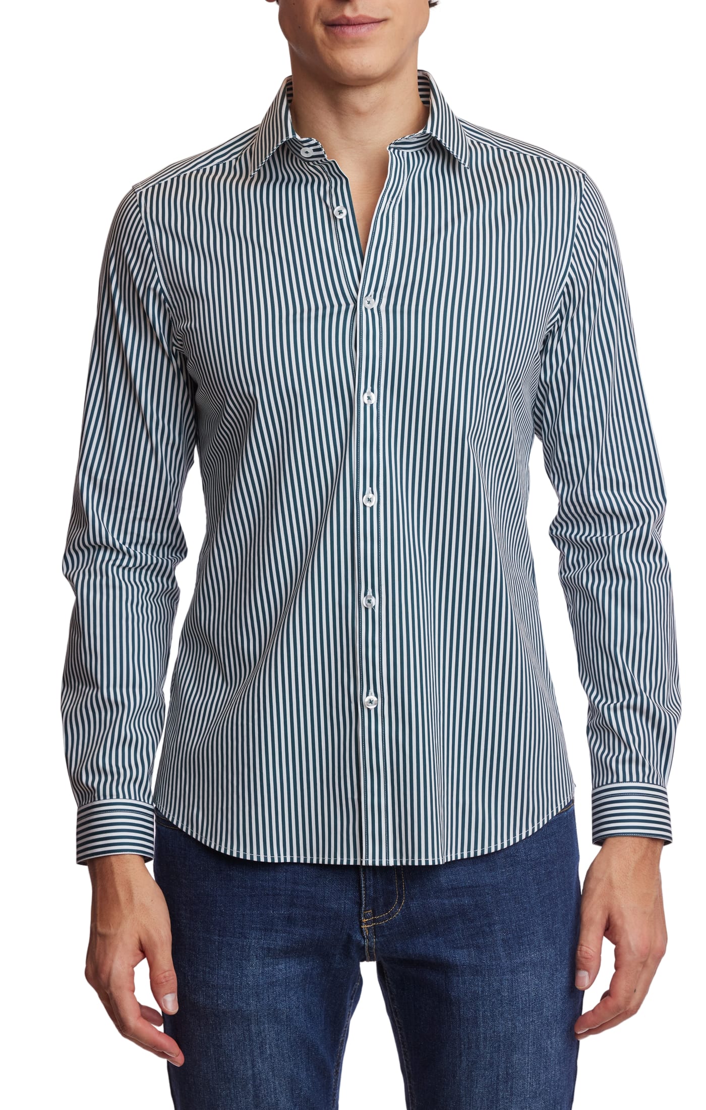 Samuel Spread Collar Shirt - Dark Green Stripe
