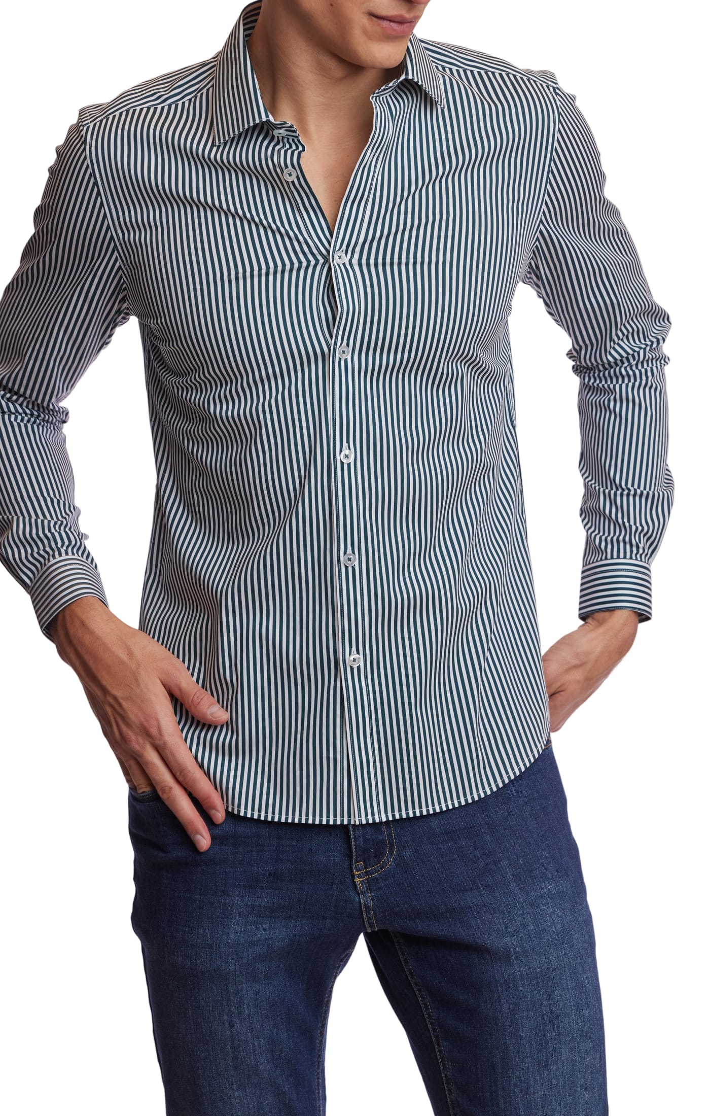 Samuel Spread Collar Shirt - Dark Green Stripe