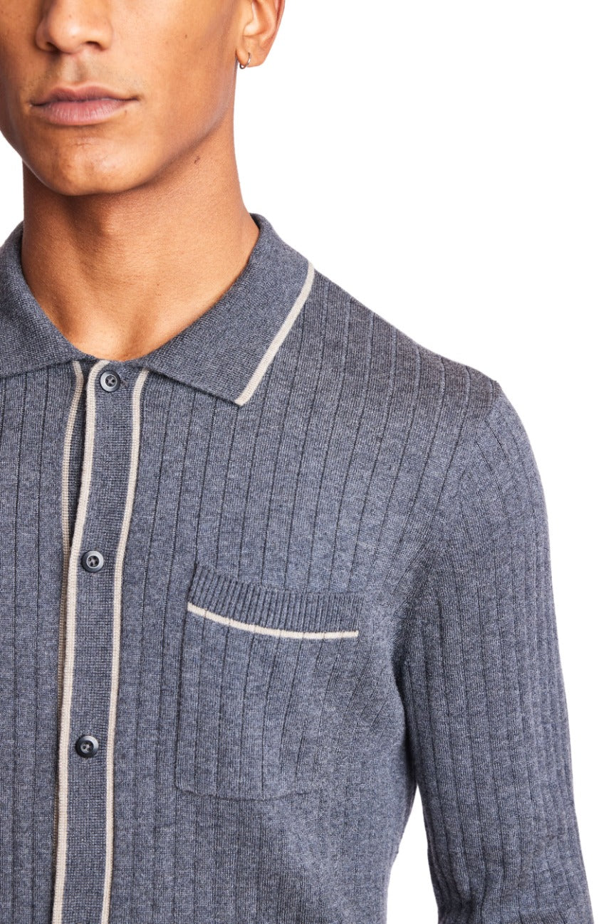 L/S Full Button Tipped Polo - Charcoal