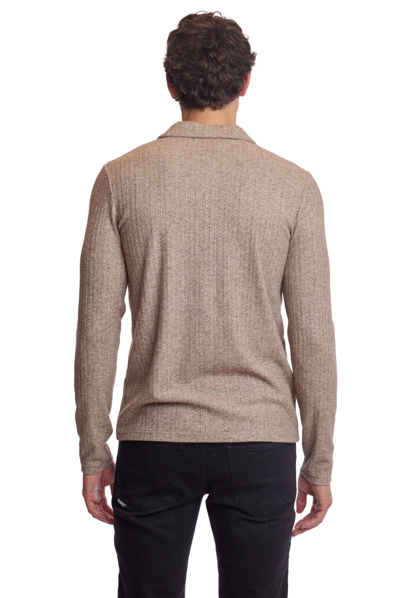 L/S Pointelle Full Button Polo - Heather Beige