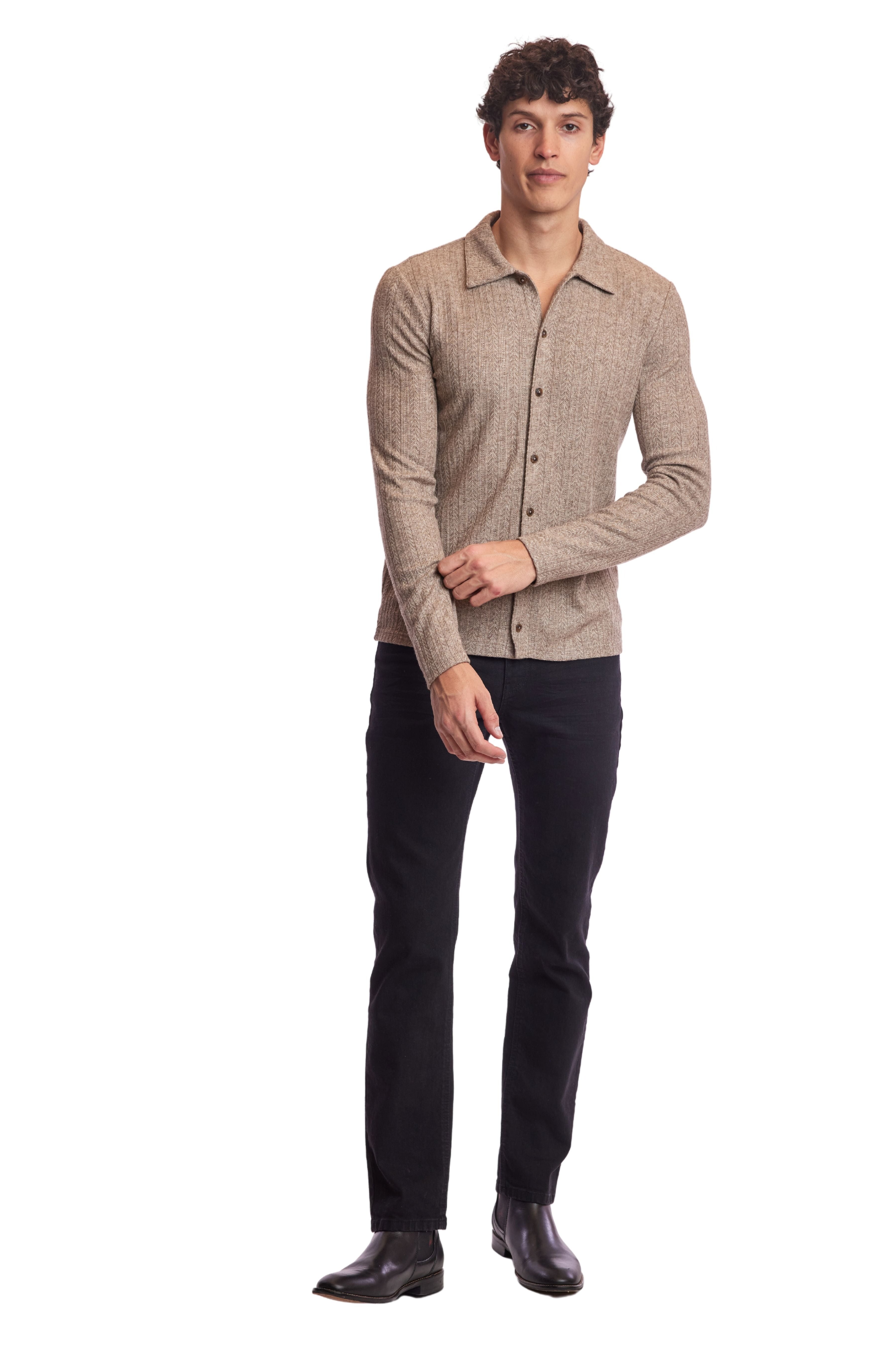 L/S Pointelle Full Button Polo - Heather Beige