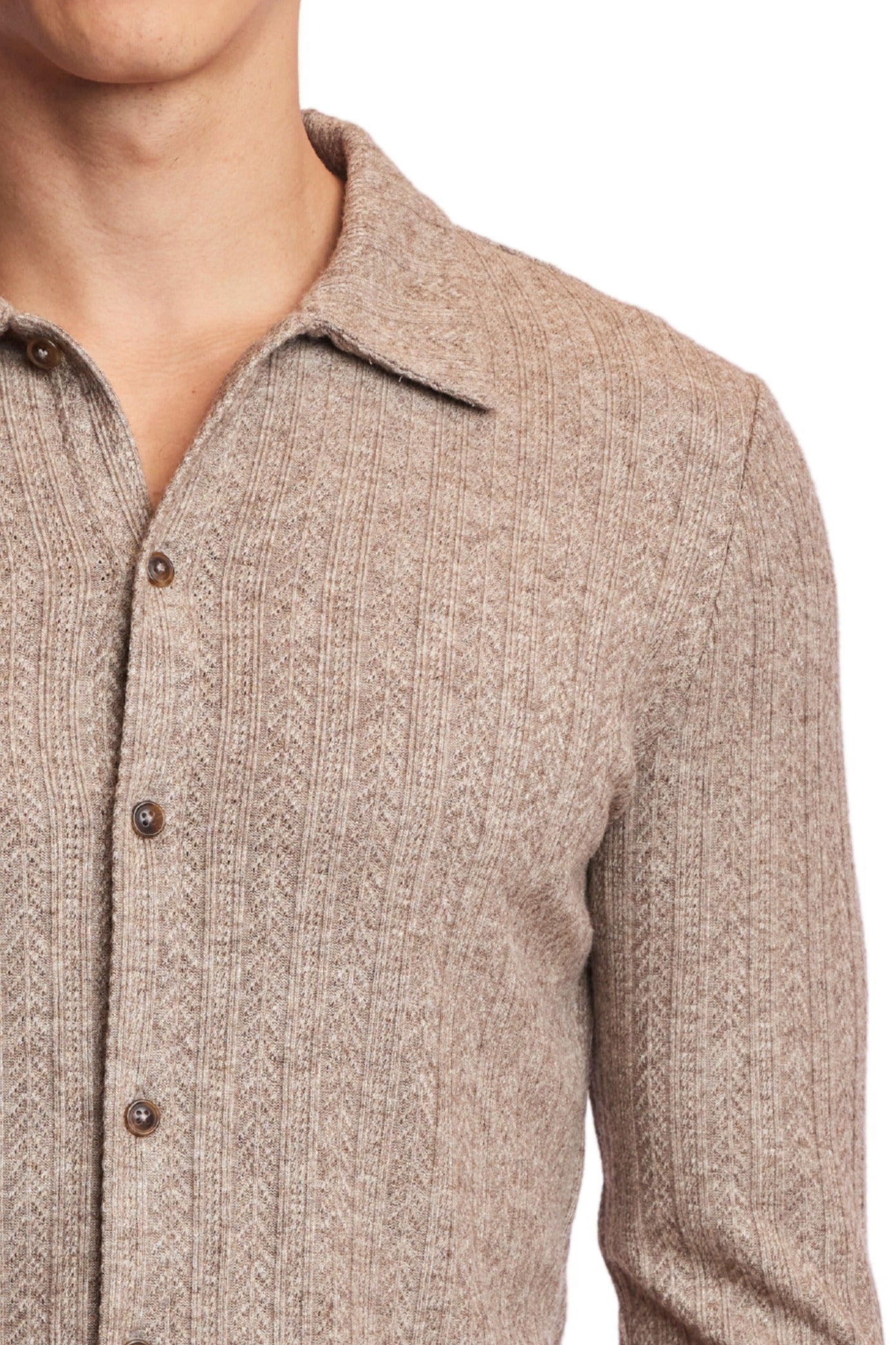 L/S Pointelle Full Button Polo - Heather Beige