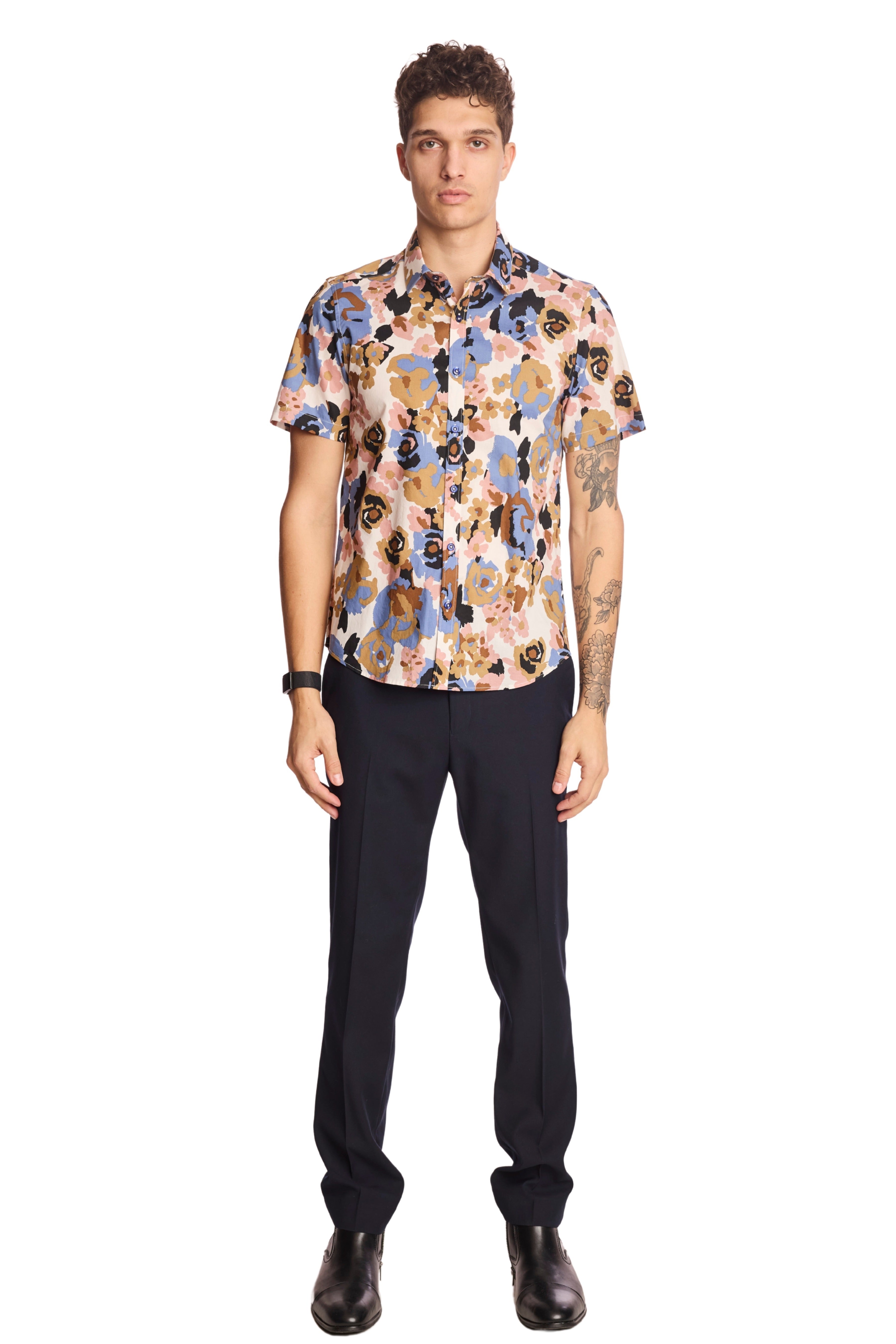 S/S Camp Collar Shirt - Blue Pink Brown
