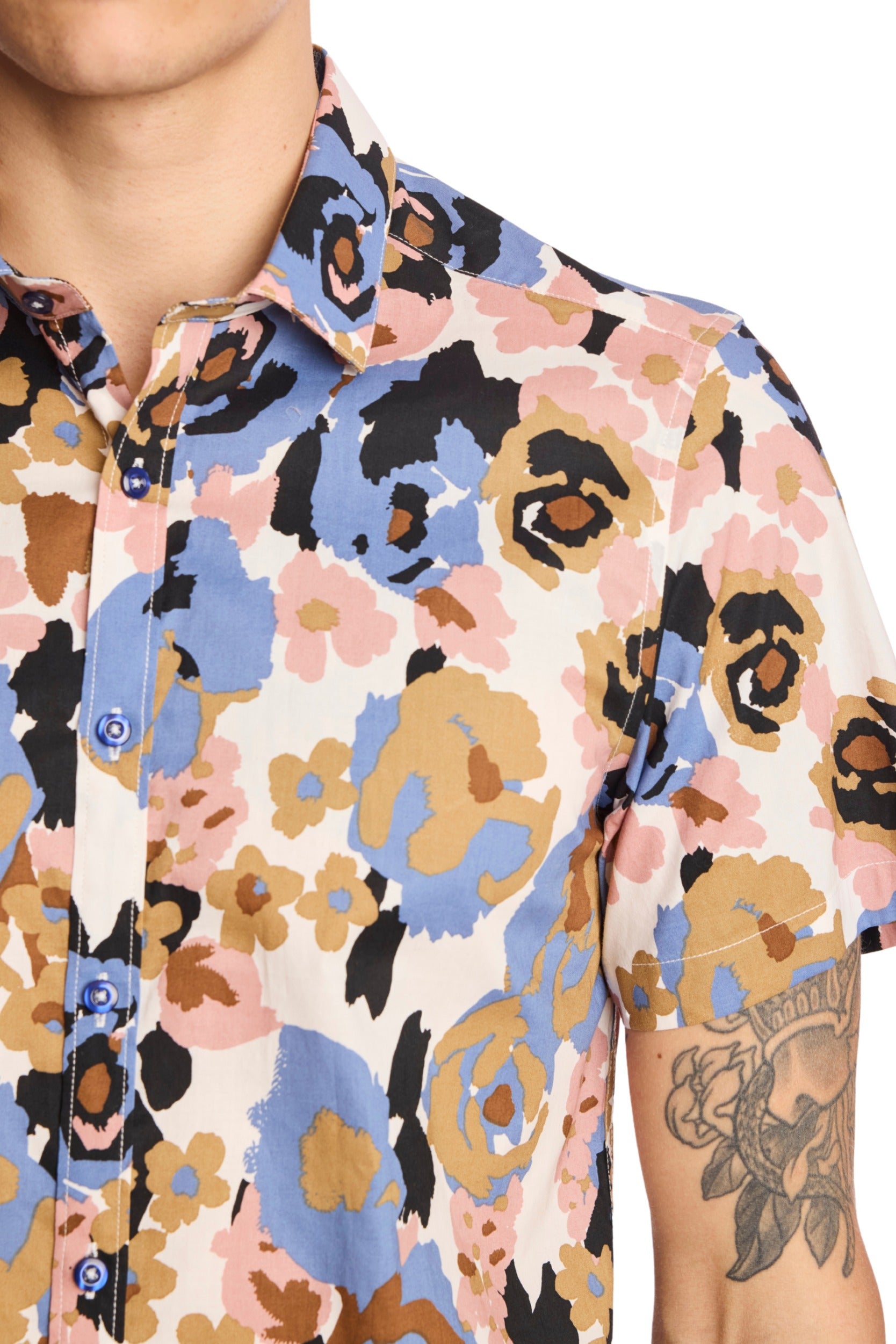S/S Camp Collar Shirt - Blue Pink Brown
