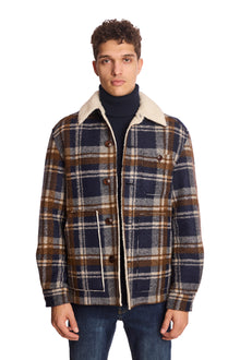  Barn Coat with Raw Edges - Navy Plaid Sherpa