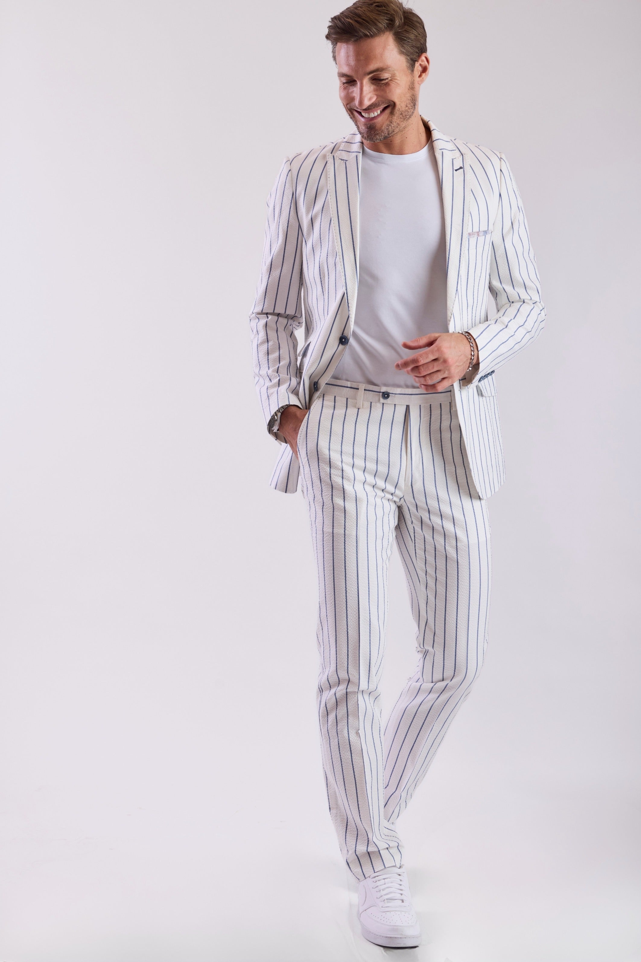 Ashton Peak Jacket - slim - White Seersucker Blue Stripe