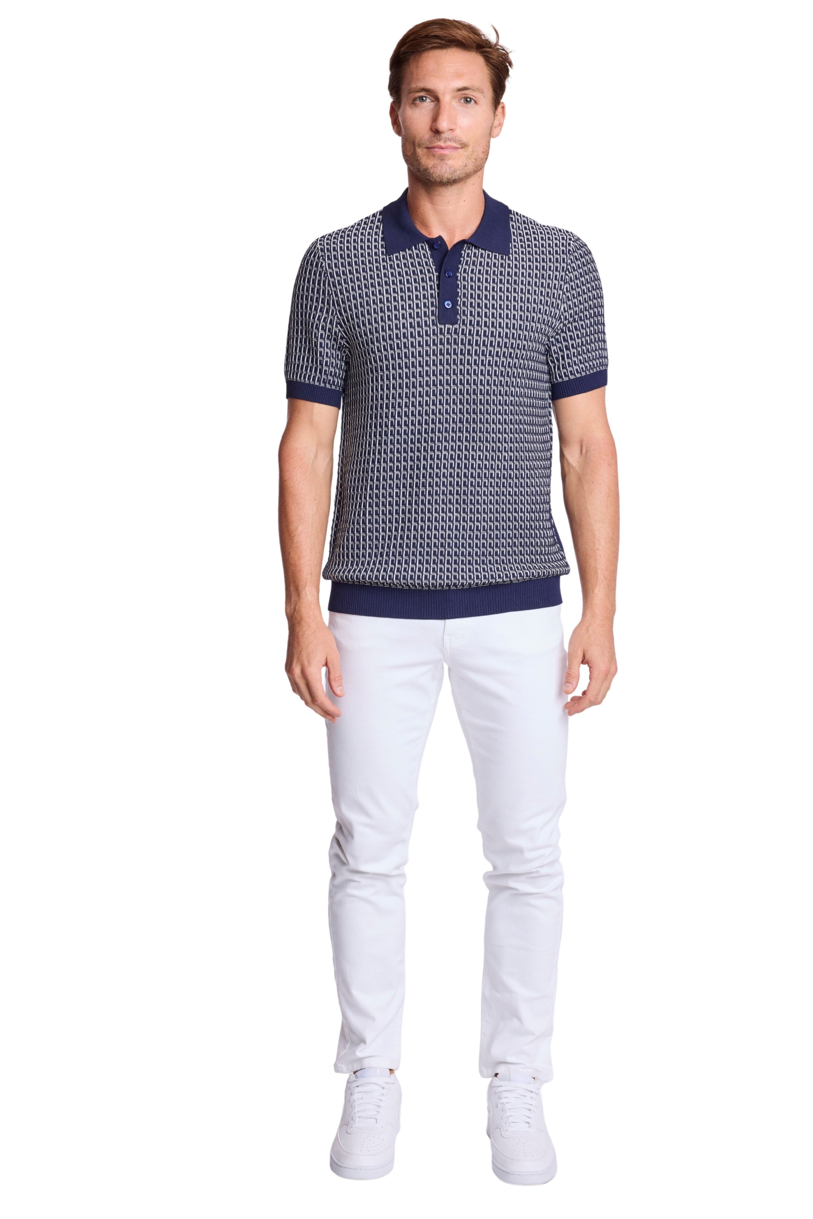 3 Button Polo - Crisp Navy & White