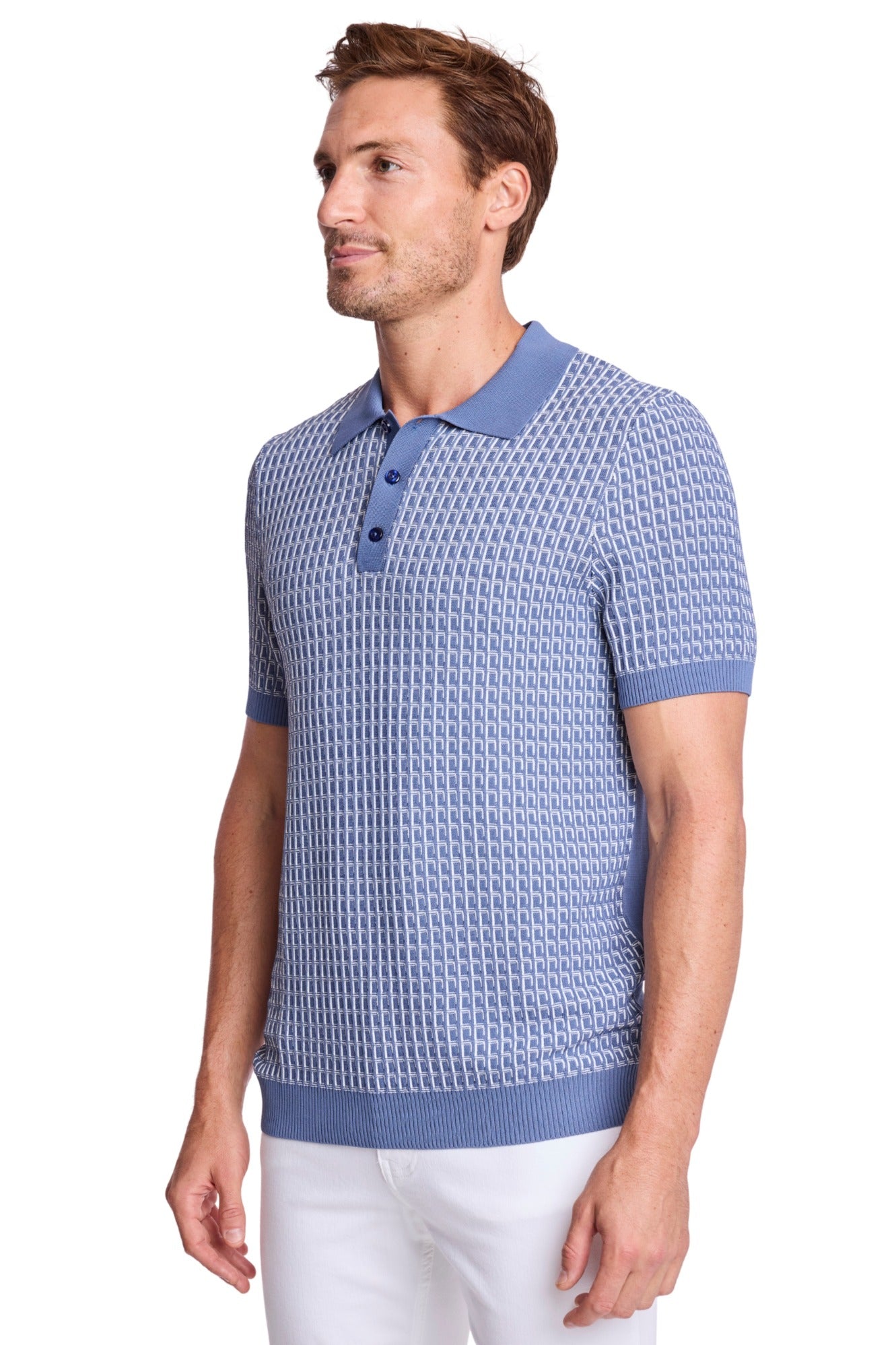 3 Button Polo - Dusty Blue & White