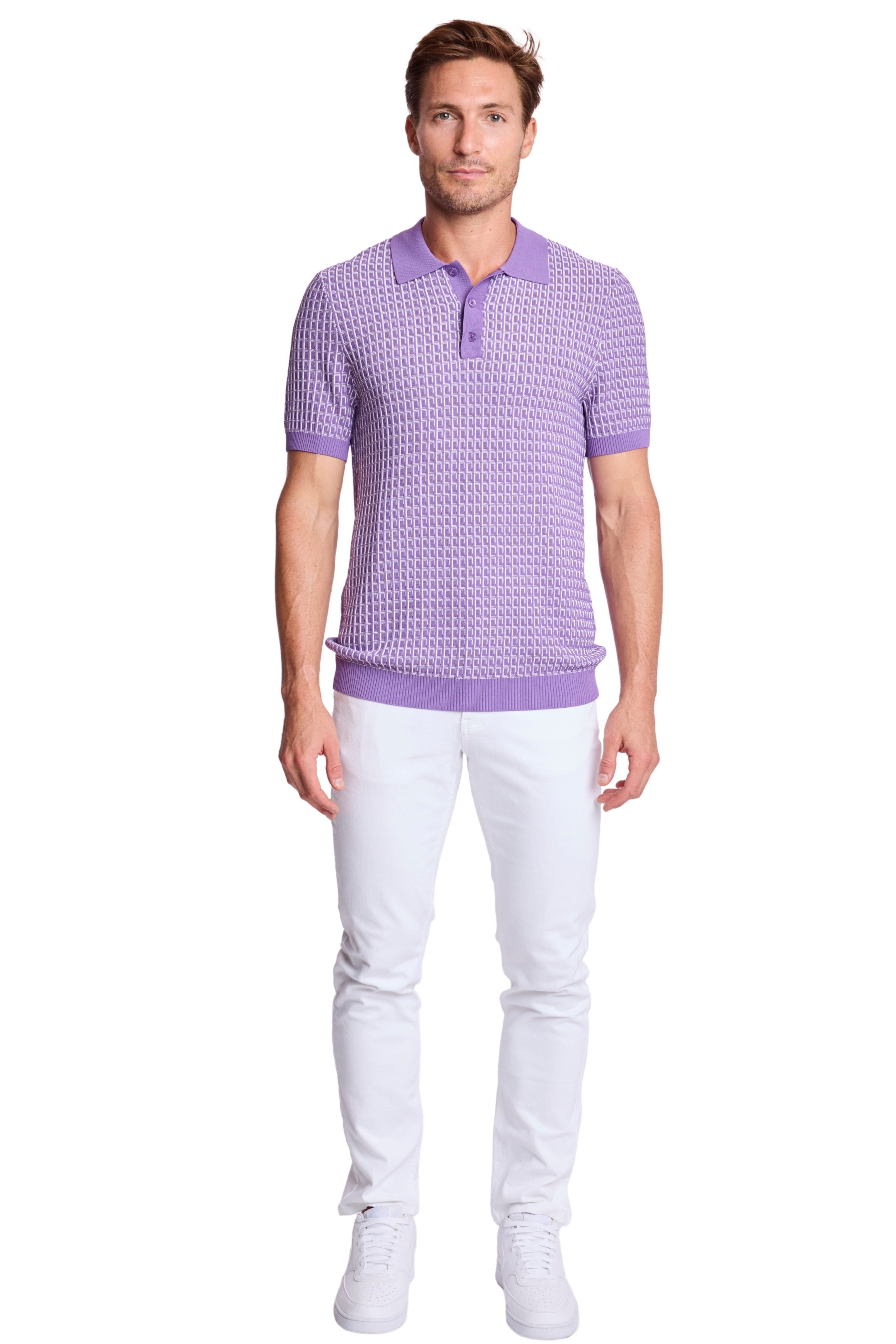 3 Button Polo - Deep Lilac & White