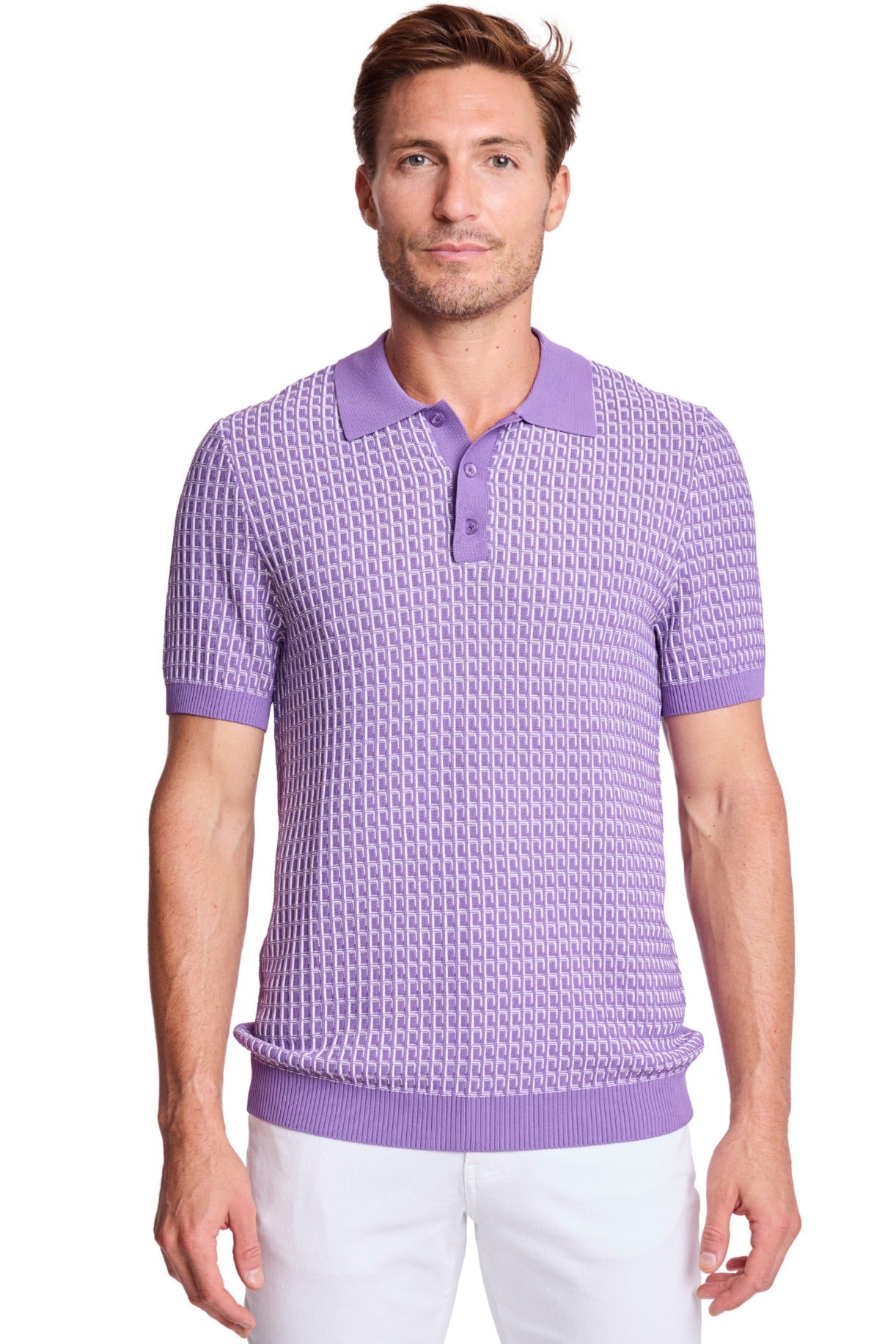 3 Button Polo - Deep Lilac & White