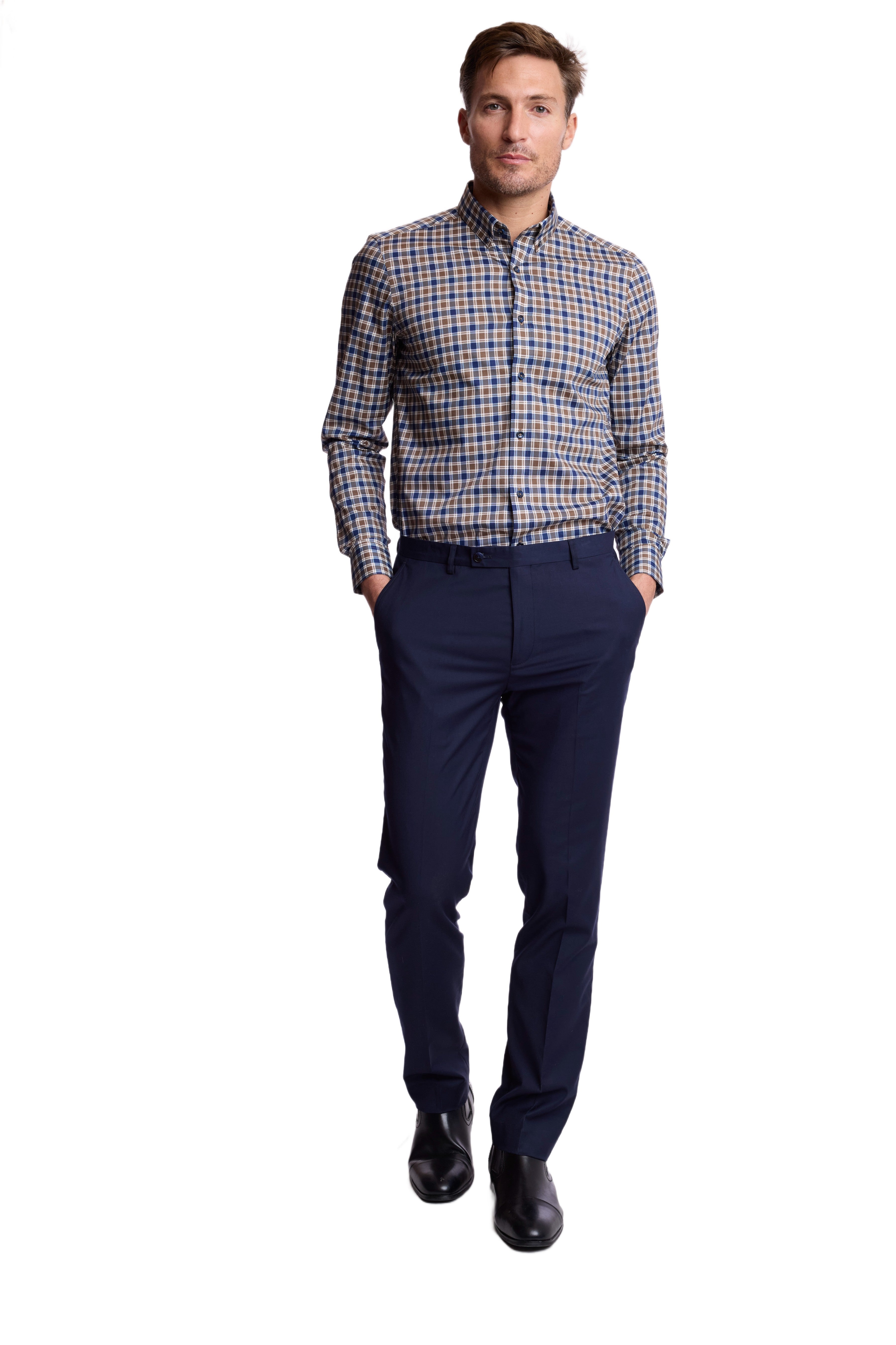 Brian Button Down Collar Shirt - Blue & Mustard Check