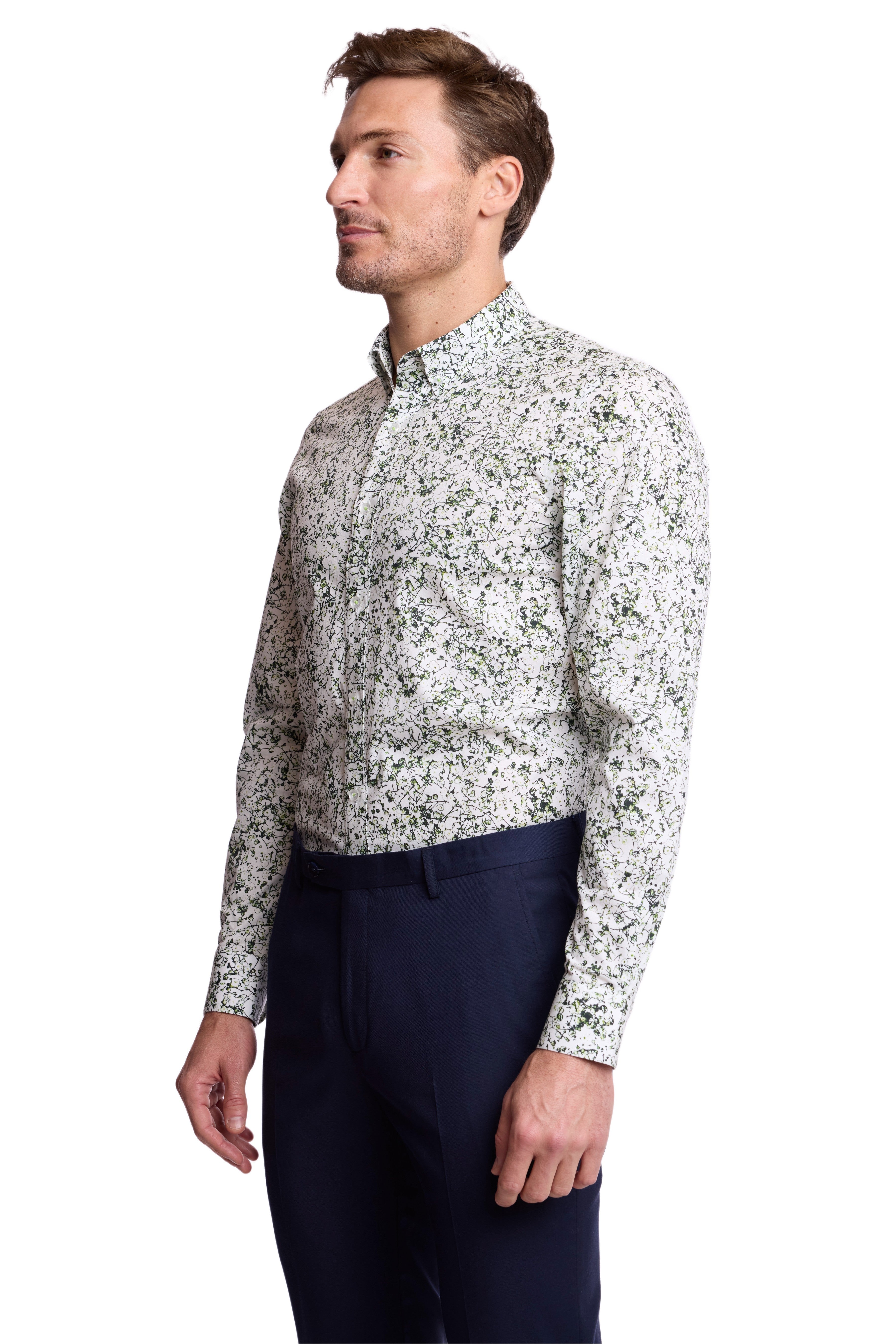 Brian Button Down Collar Shirt - White Green Abstract