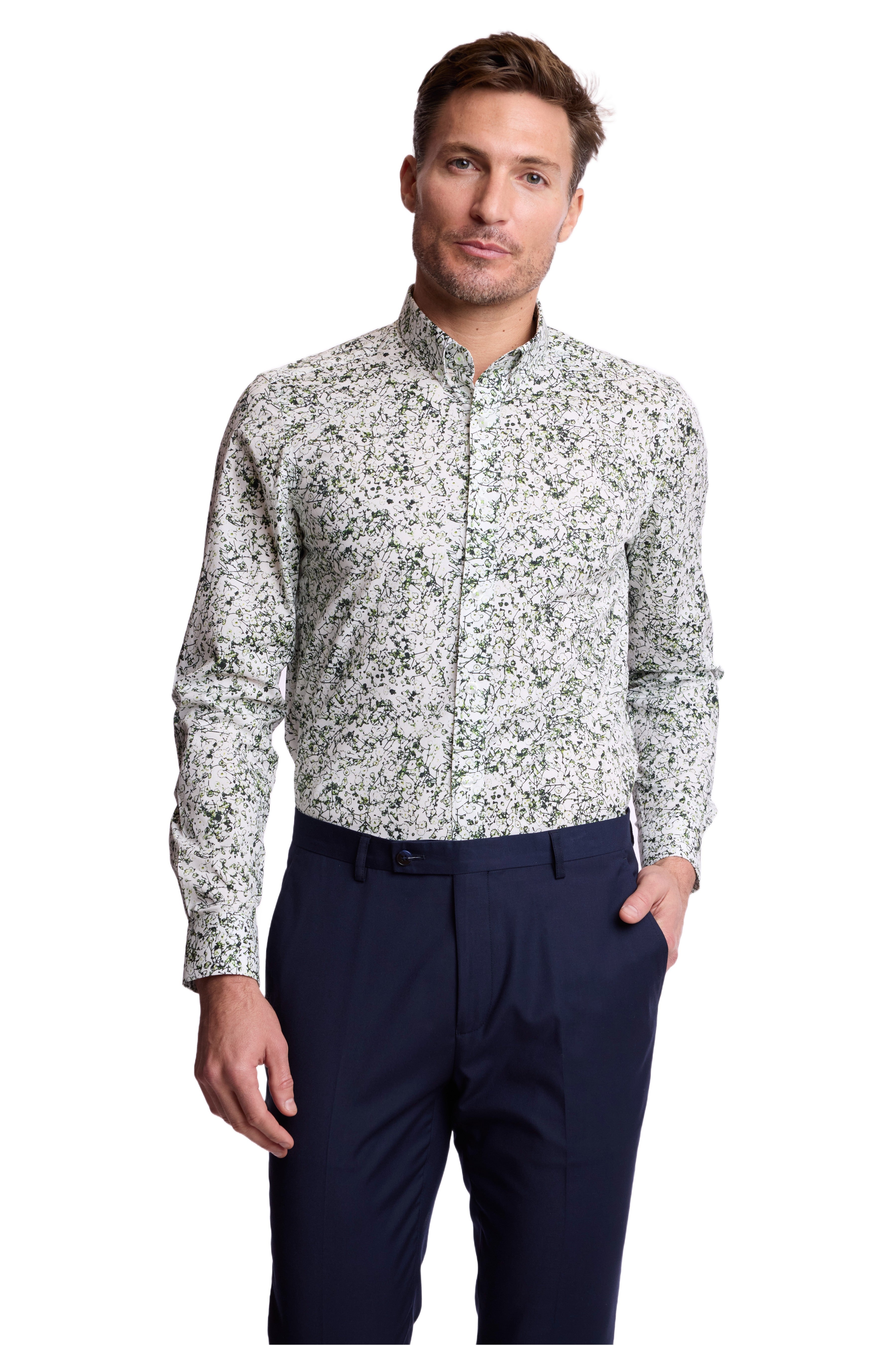 Brian Button Down Collar Shirt - White Green Abstract
