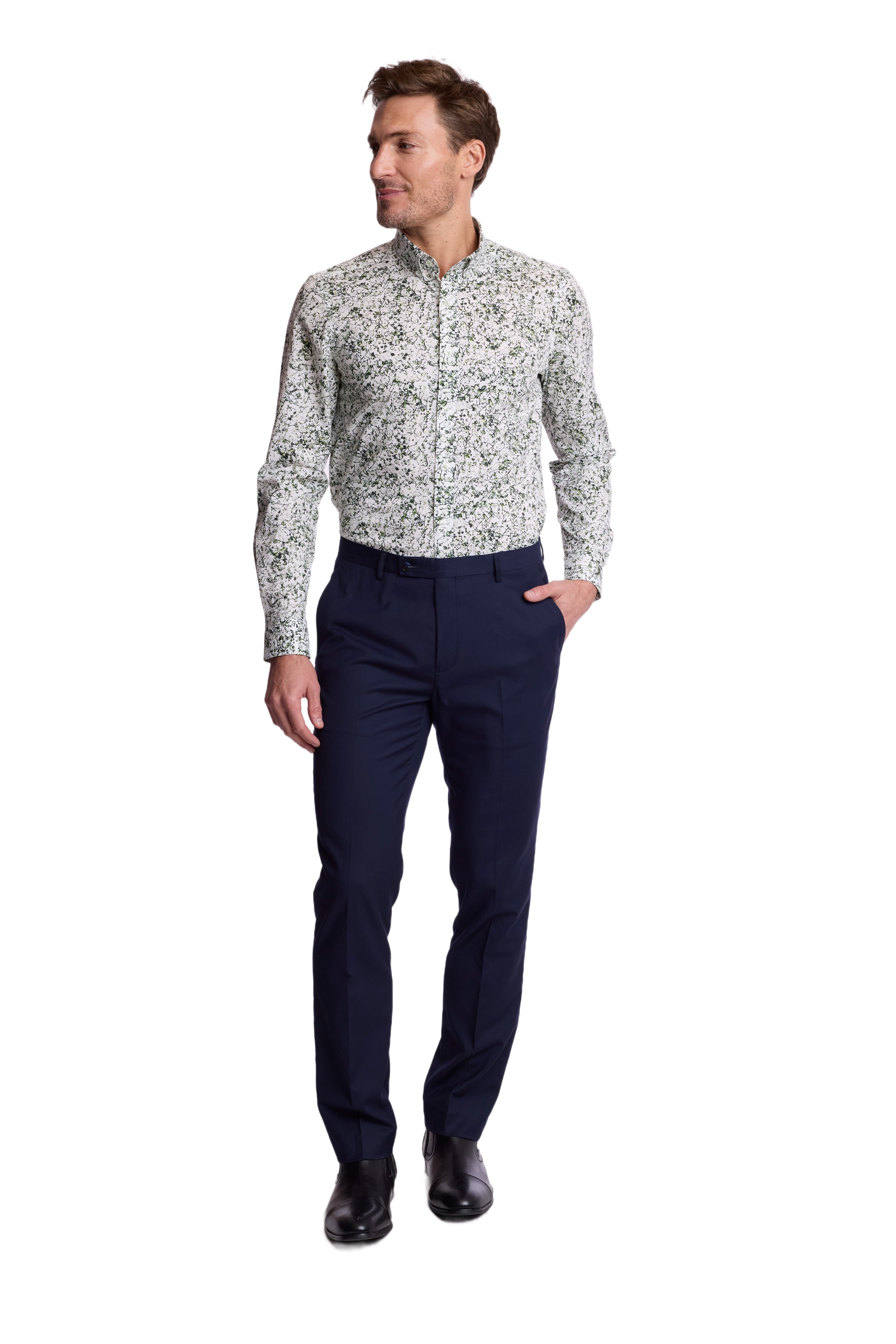 Brian Button Down Collar Shirt - White Green Abstract