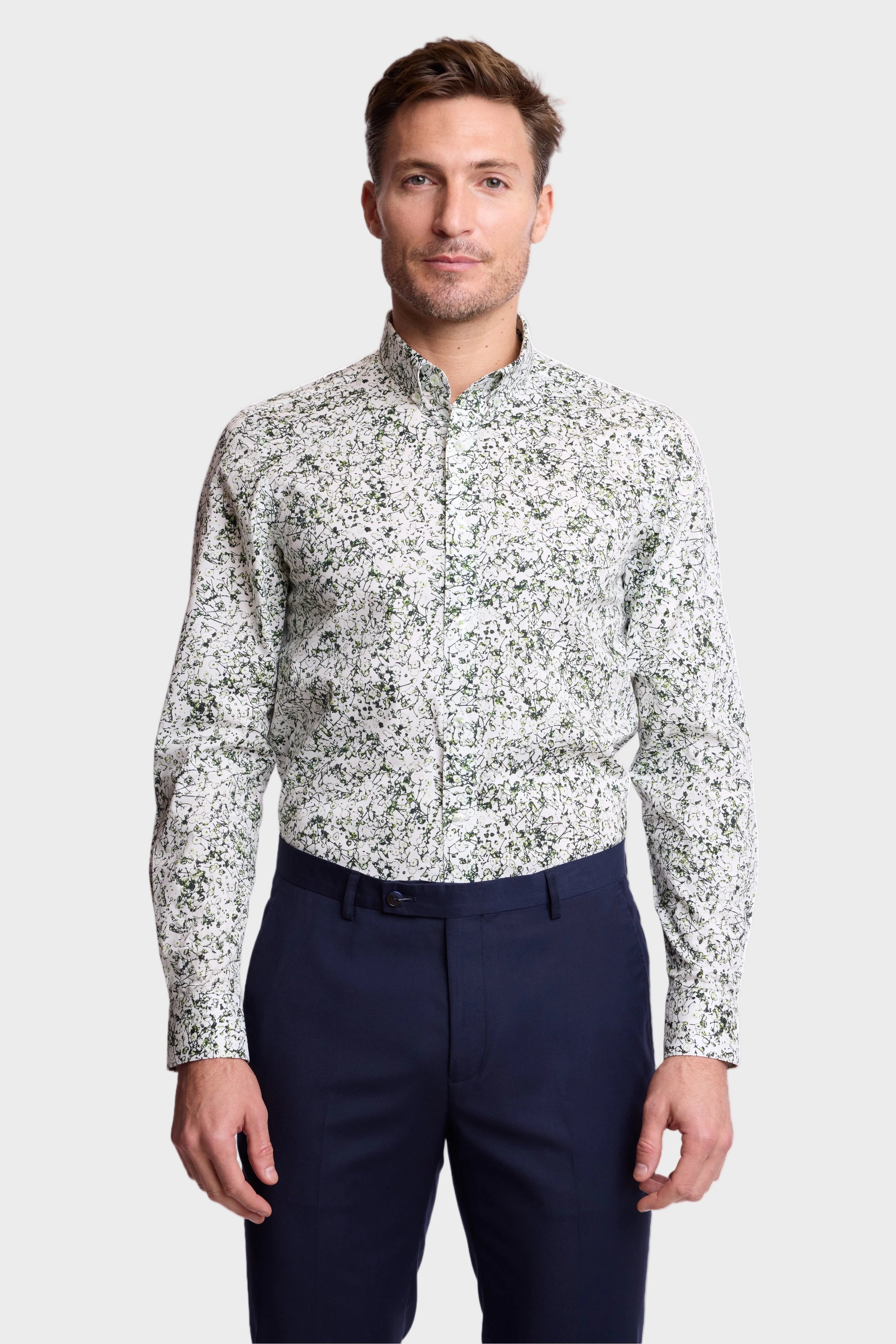 Brian Button Down Collar Shirt - White Green Abstract