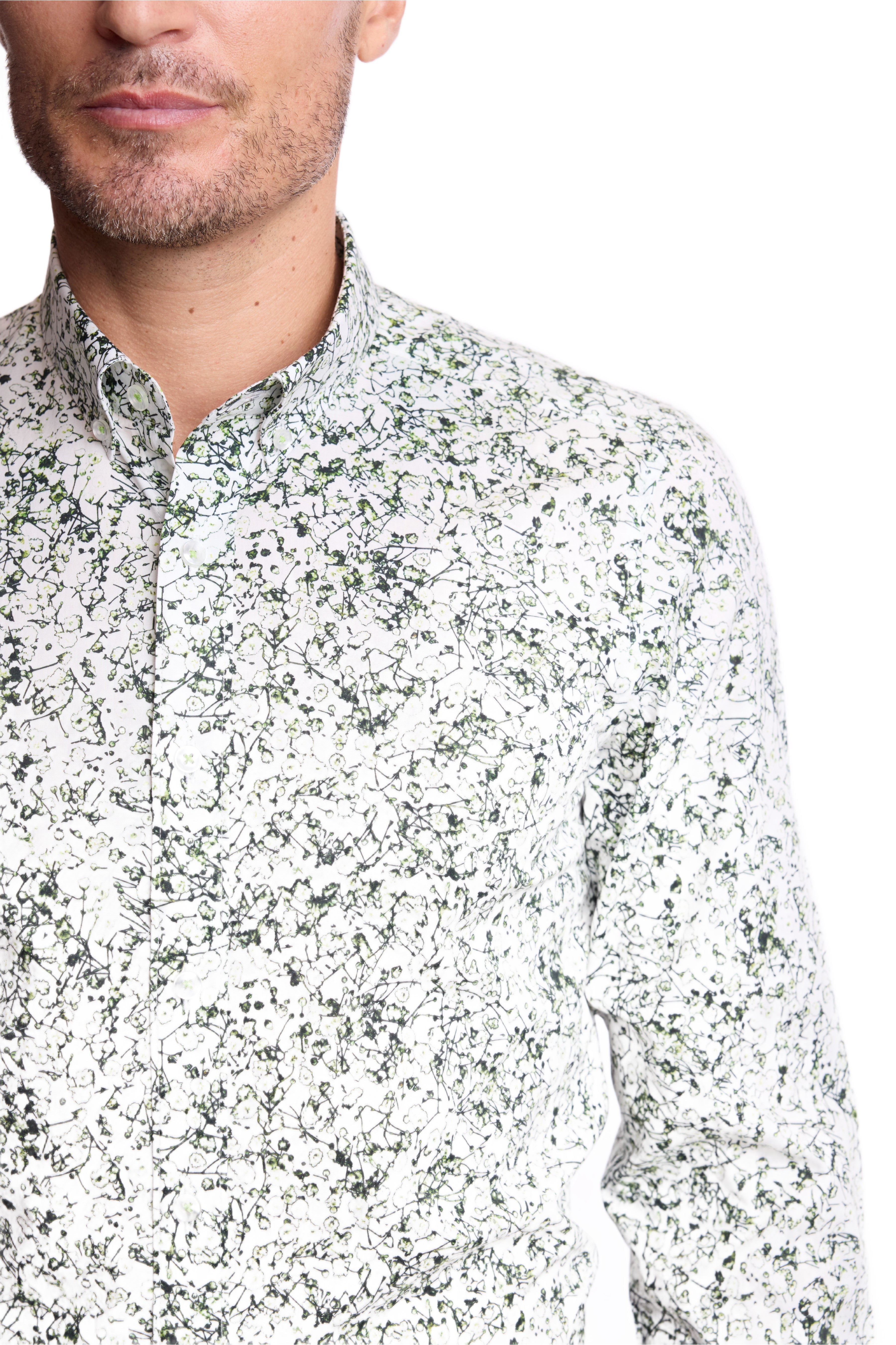 Brian Button Down Collar Shirt - White Green Abstract
